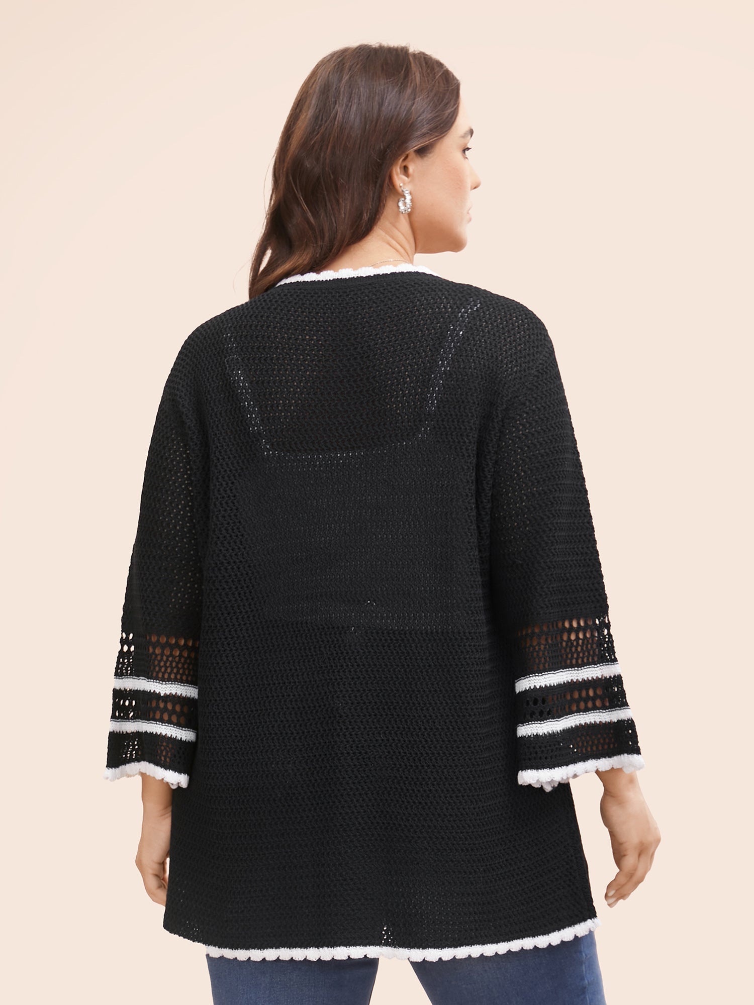 Solid Contrast Trim Bell Sleeve Cardigan