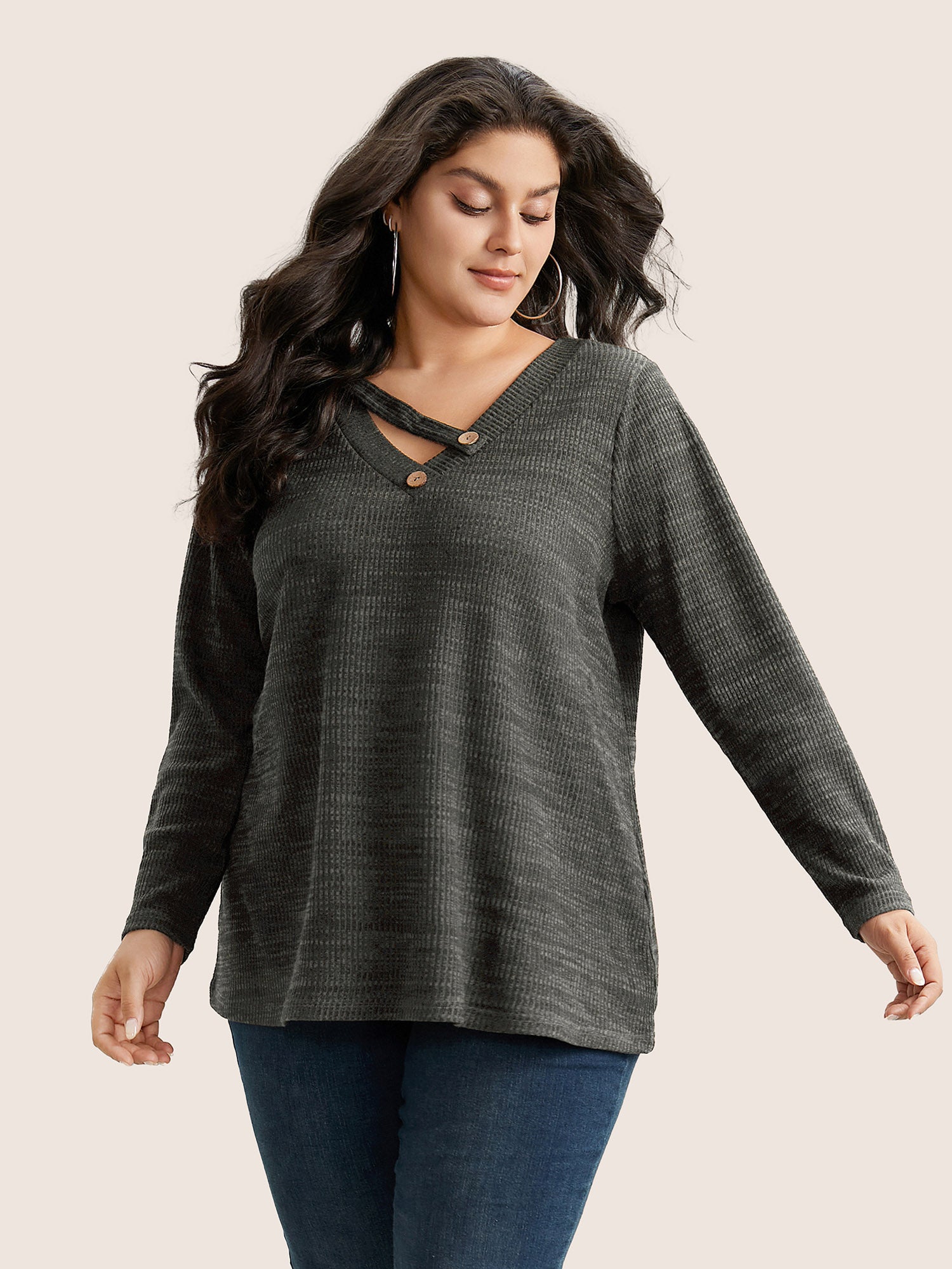 Solid Rib Knit Button Detail T-shirt
