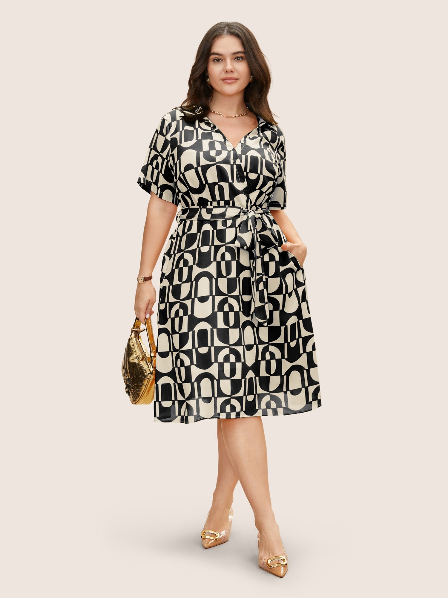 Overlap Collar Geometric Belted Midi Dress