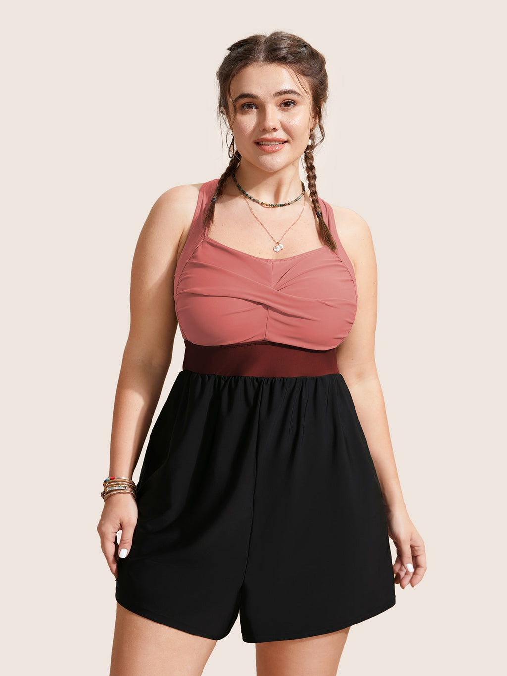 Patchwork Contrast Crossover One Piece Swimsuit