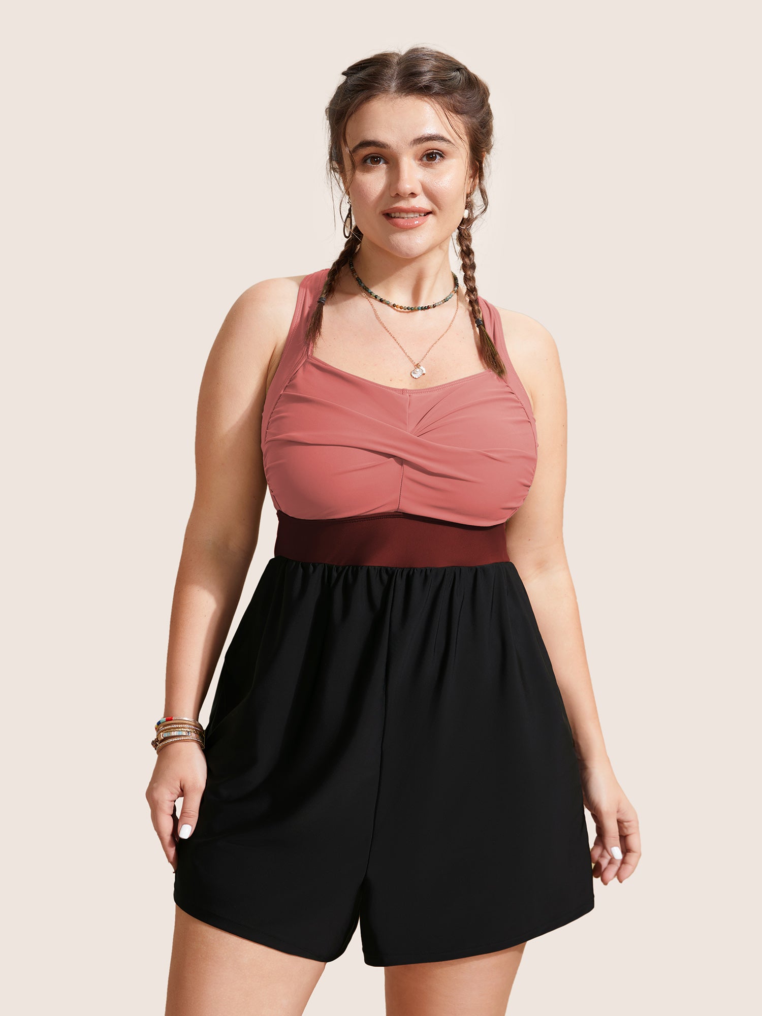 Patchwork Contrast Crossover One Piece Swimsuit