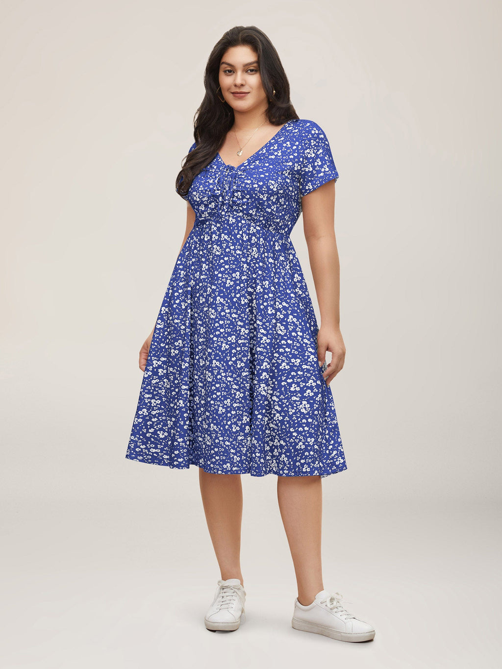 Ditsy Floral Elastic Waist Knot Drawstring Dress