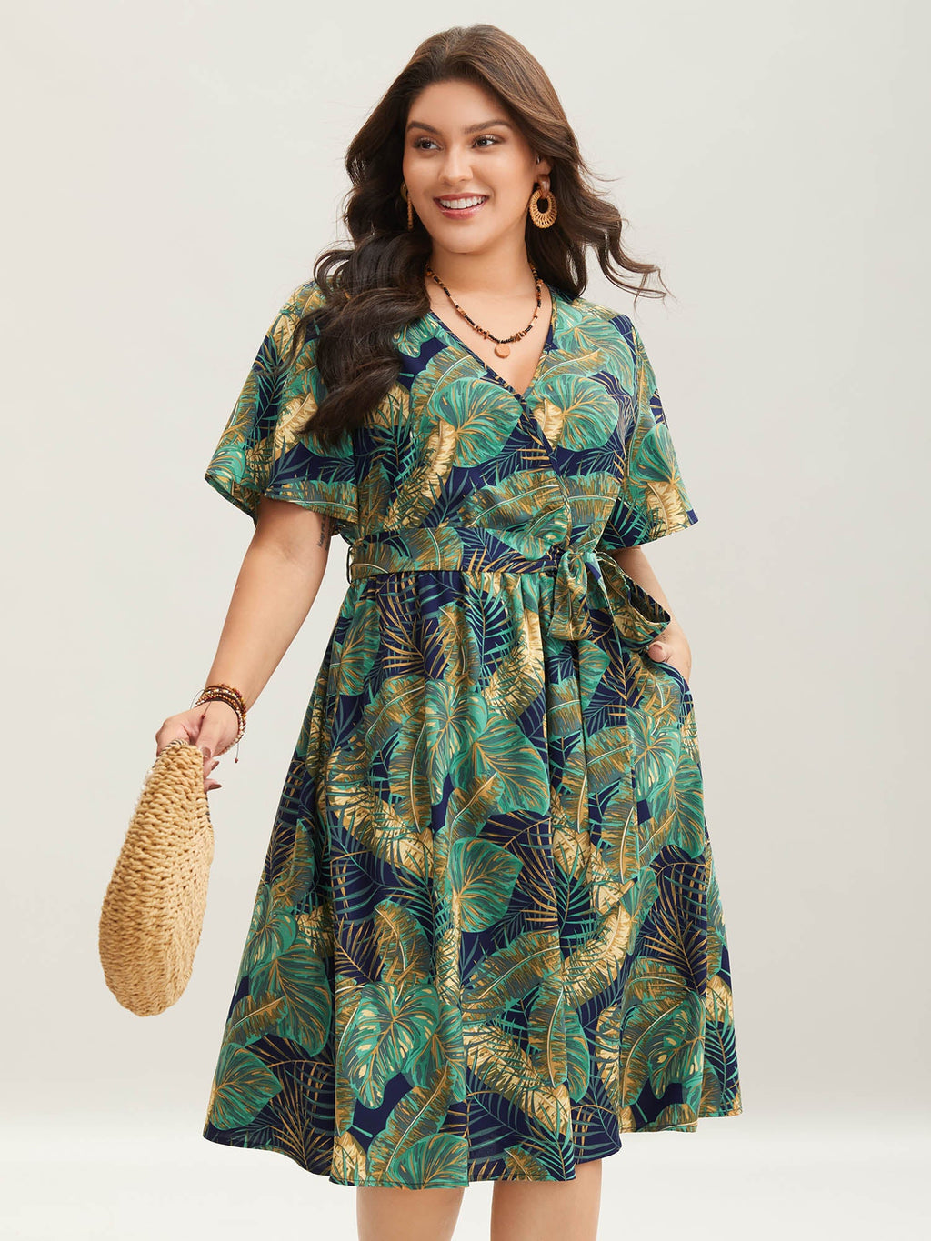 Tropical Print Belted Pocket Midi Dress