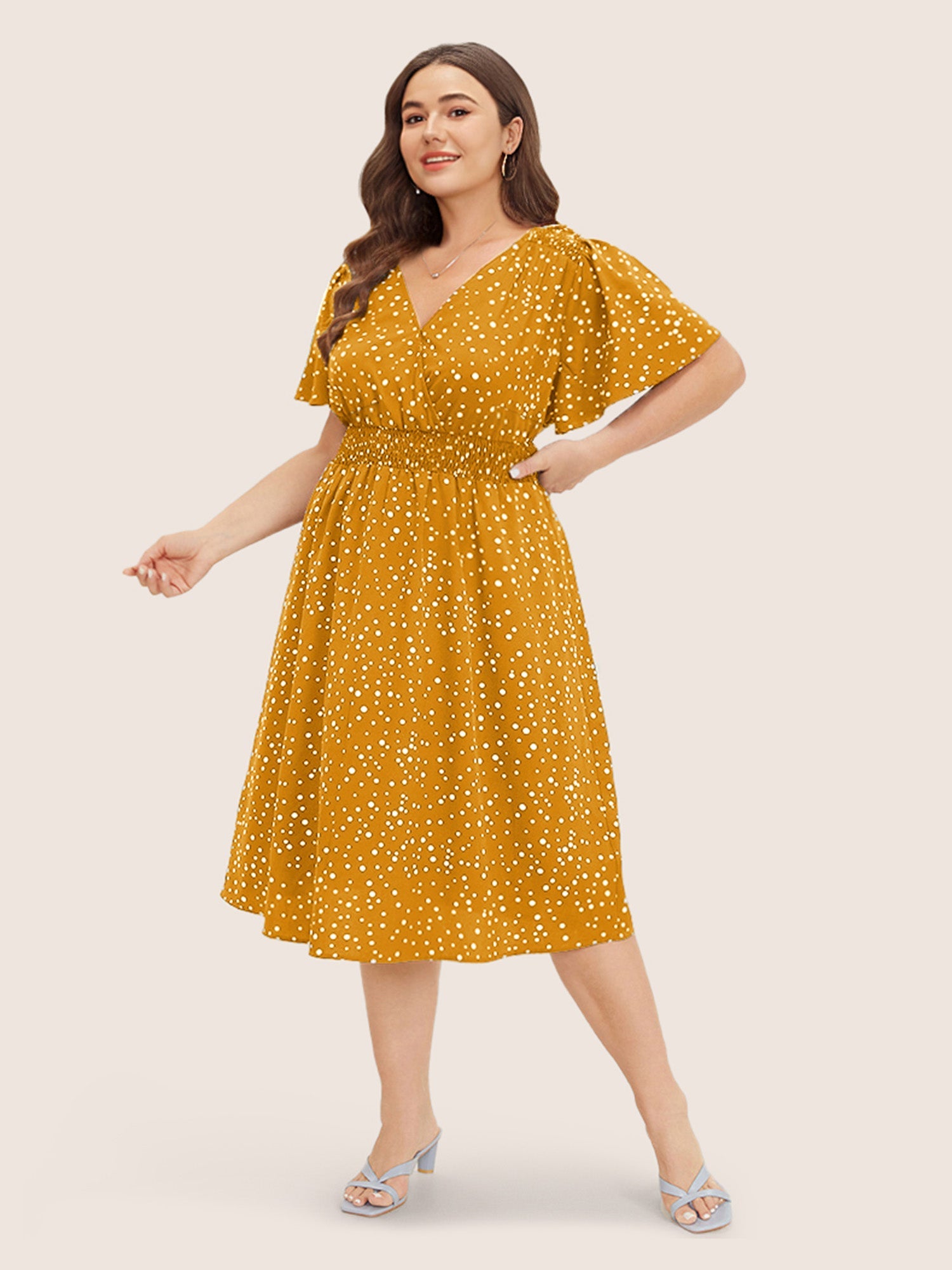 Polka Dot Wrap Pocket Shirred Ruffle Sleeve Dress