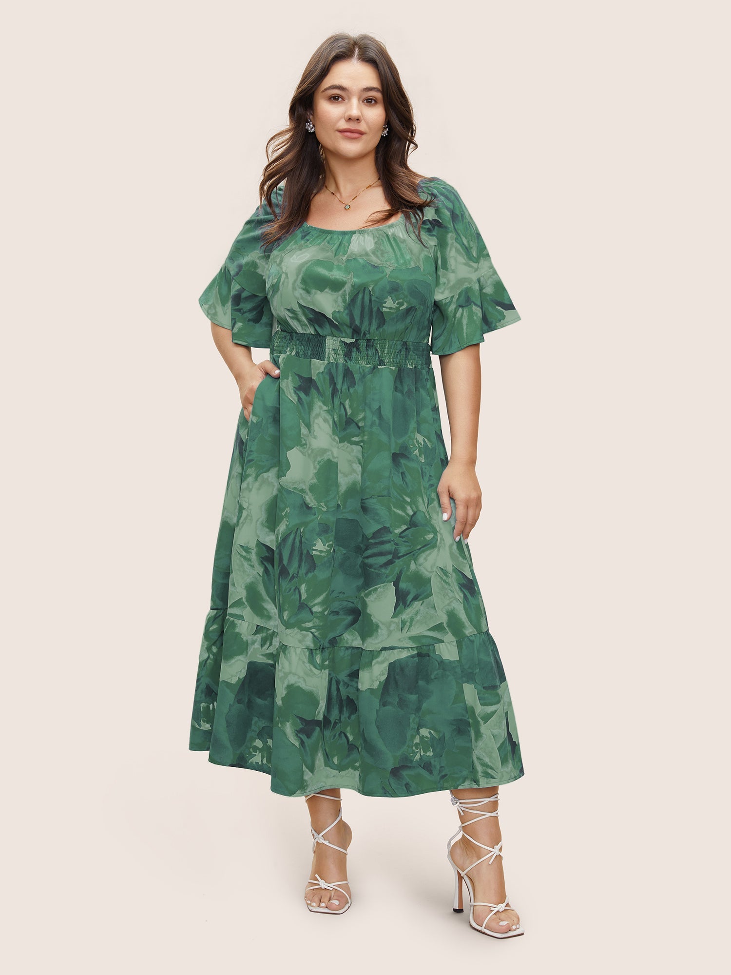 Square Neck Floral Shirred Ruffle Sleeve Dress