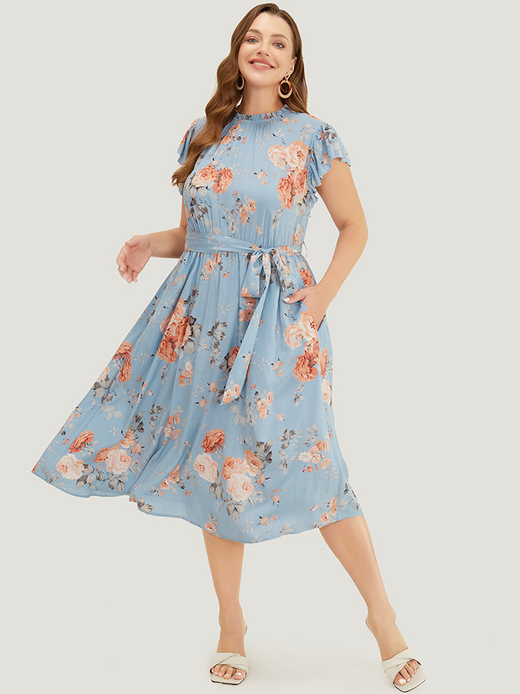 Floral Frill Trim Mock Neck Pocket Ruffle Belted Cap Sleeve Dress