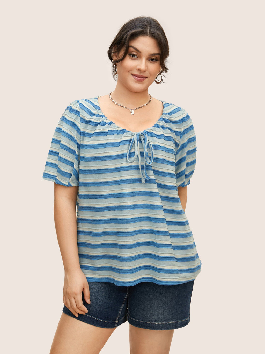 V Neck Textured Striped Tie Knot T-shirt