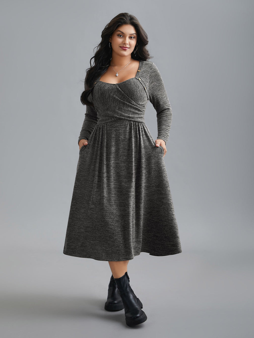 Heart Neckline Button Detailing Crossover Fit Dress