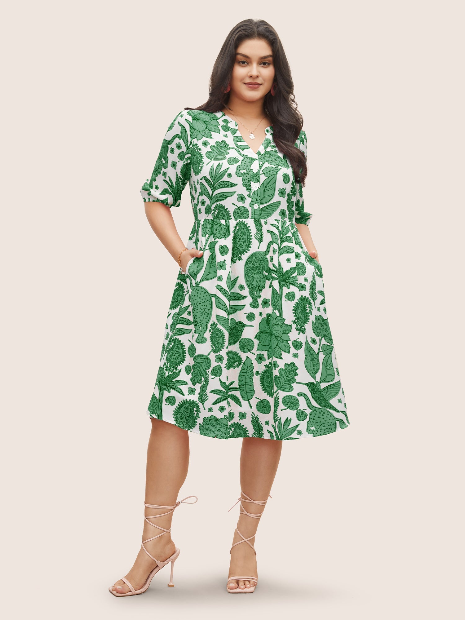 Plants & Animal Print Notched Lantern Sleeve Dress