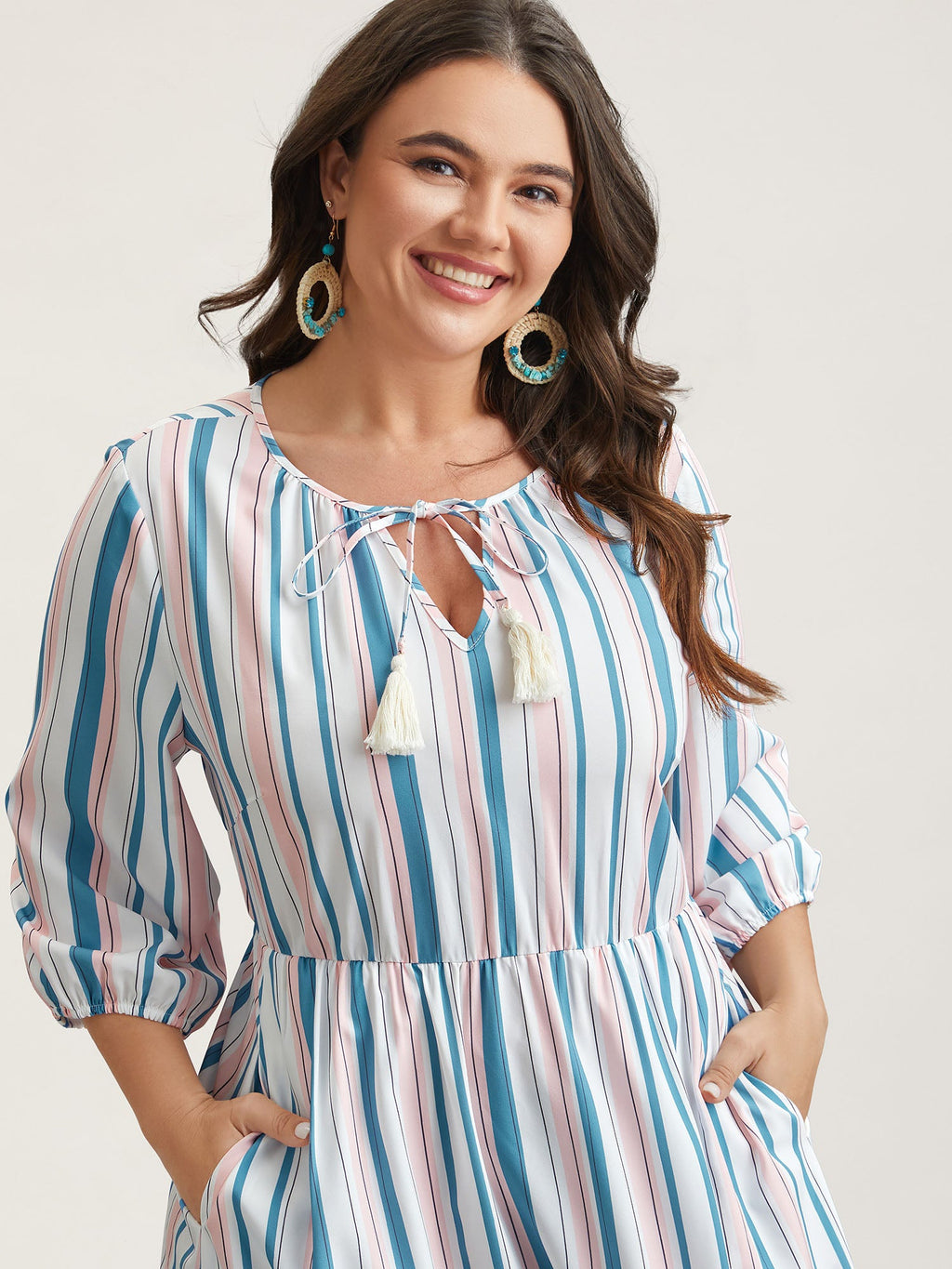 Stretchy Striped Tassels Tiered Midi Dress