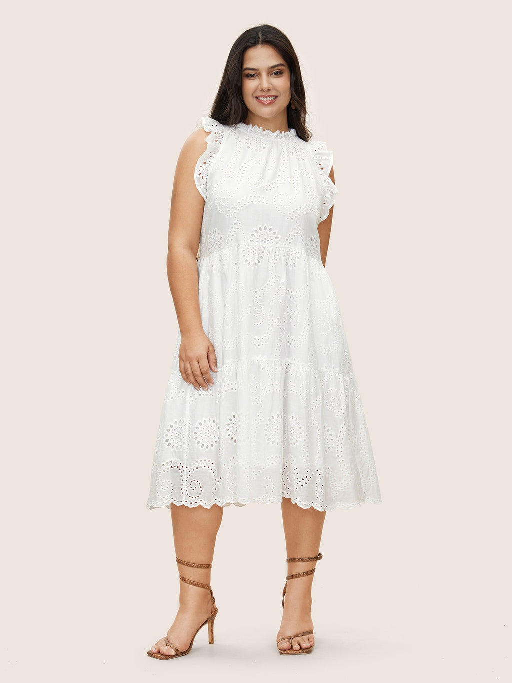 Mock Neck Broderie Anglaise Ruffle Trim Dress
