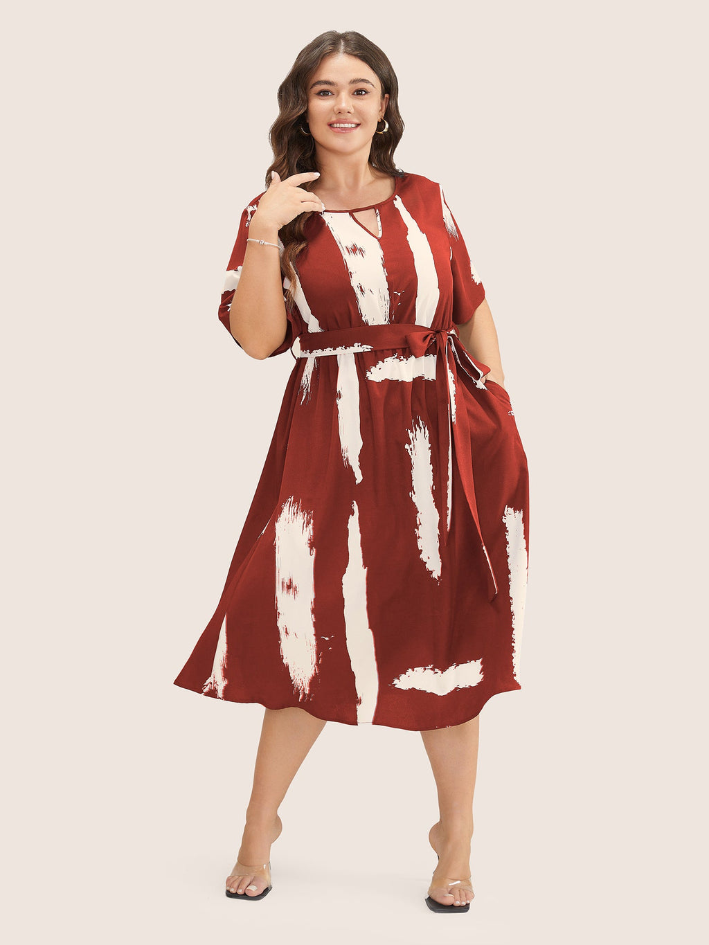 Brush Print Keyhole Belted Pocket Flutter Dress