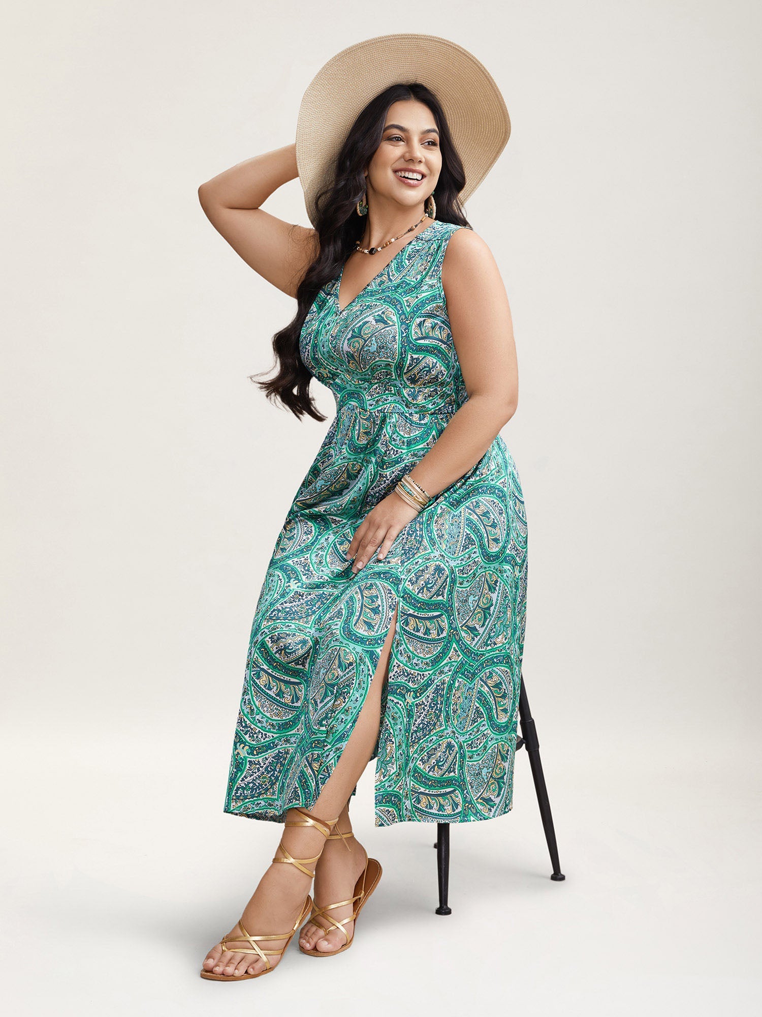 Paisley Print Off-Sleeve V-Neck Midi Dress