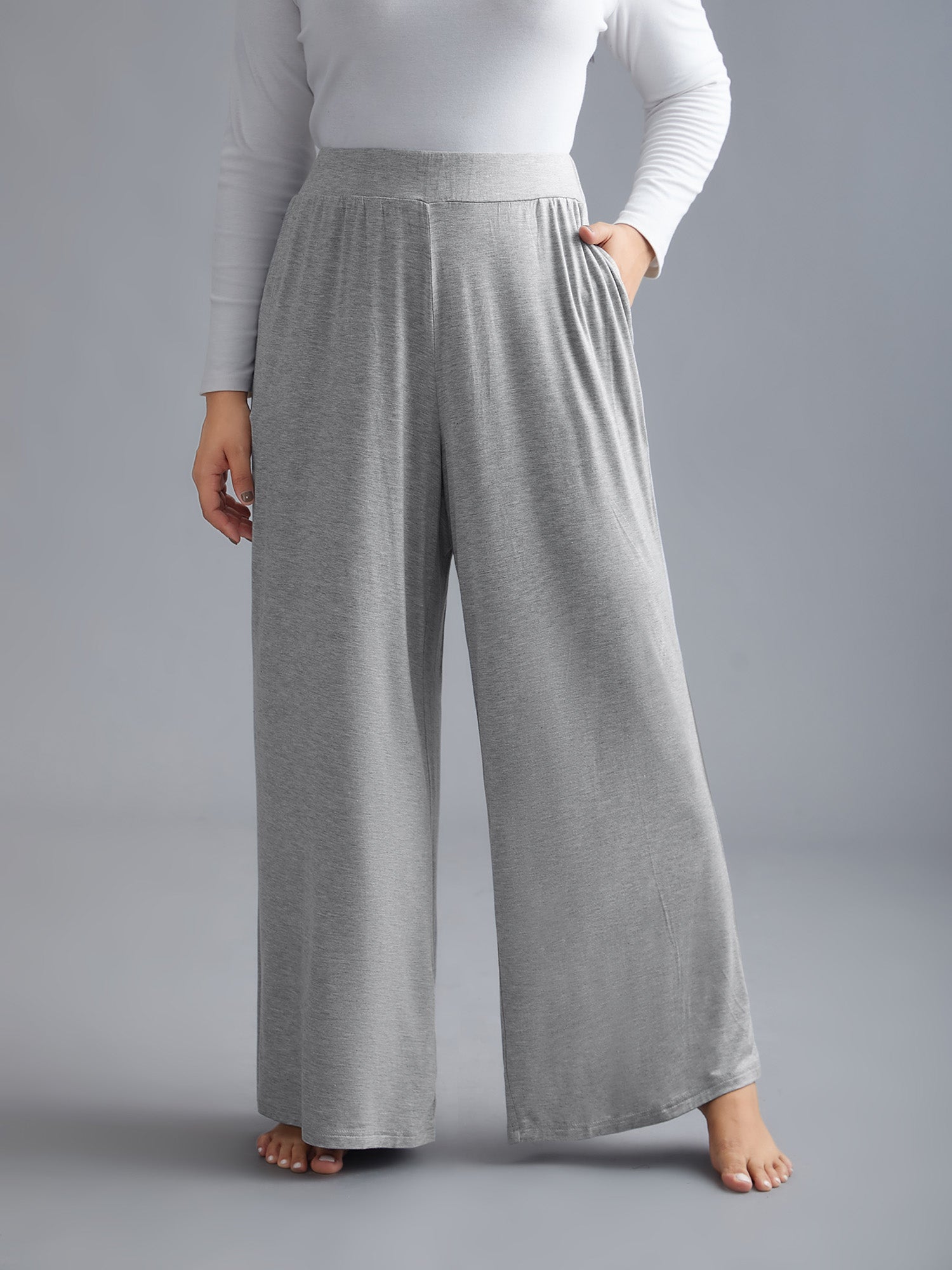 Solid Elastic Waist Wide Leg Lounge Bottoms