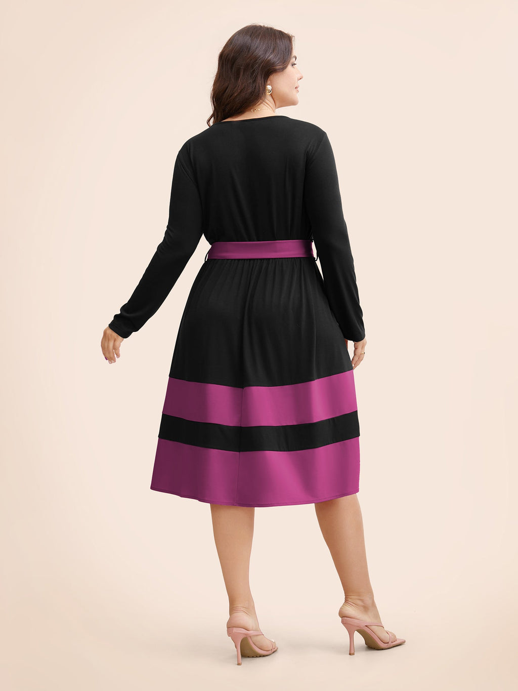 Two Tone Belted Bowknot Square Neck Dress