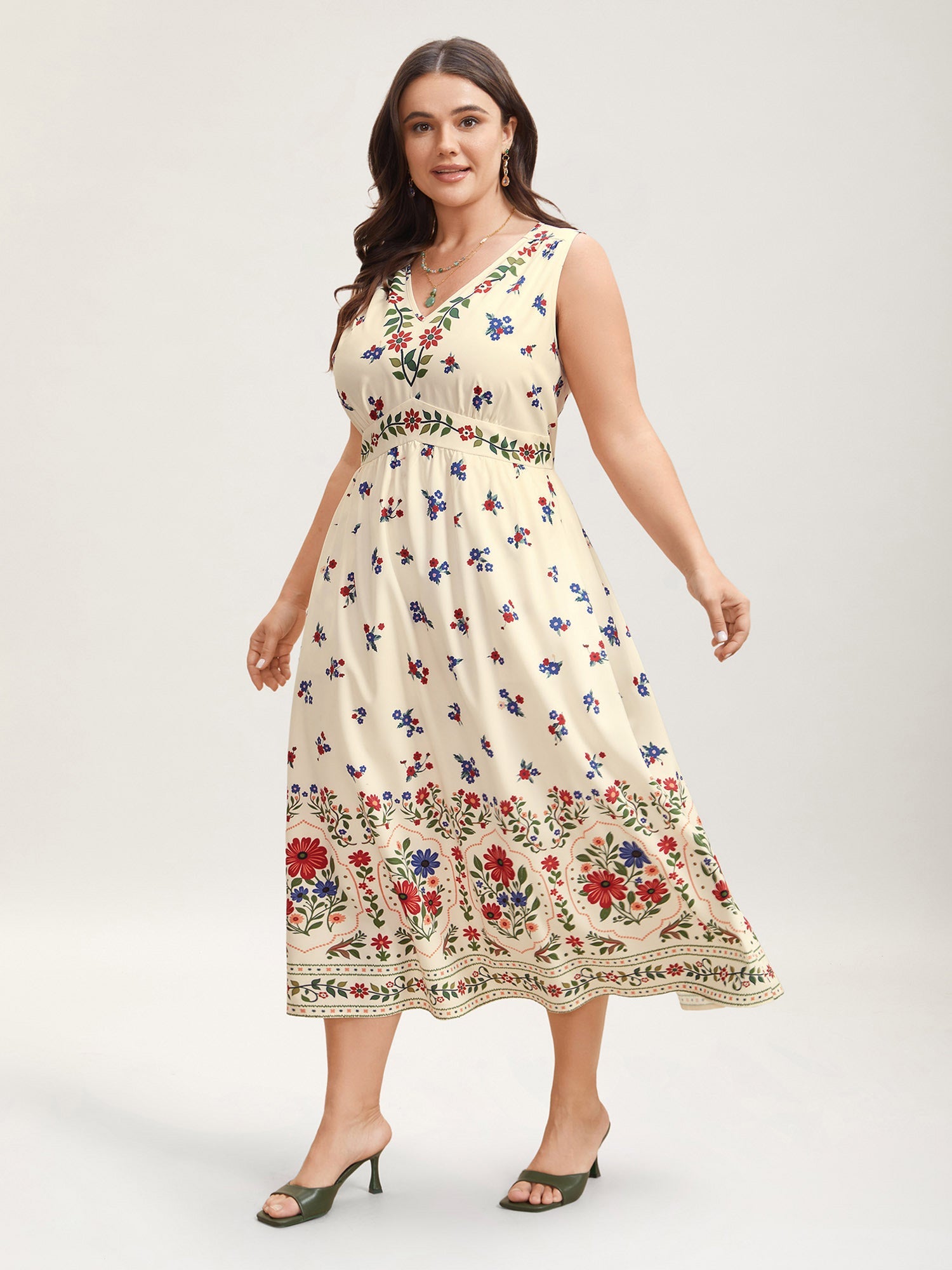 Floral Print V-Neck Waist-Cinched Dress