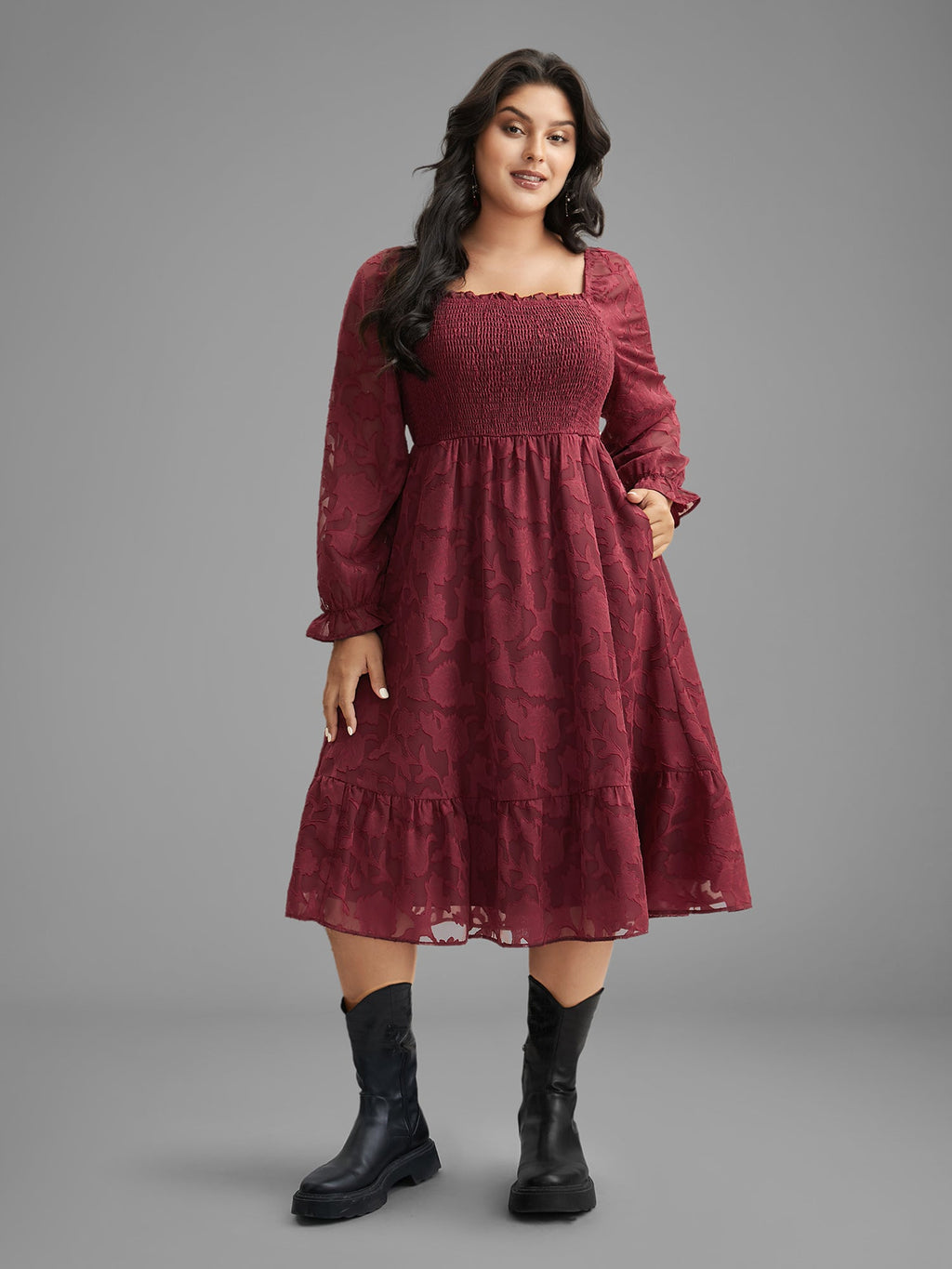 Jacquard Texture Square Neck Midi Dress
