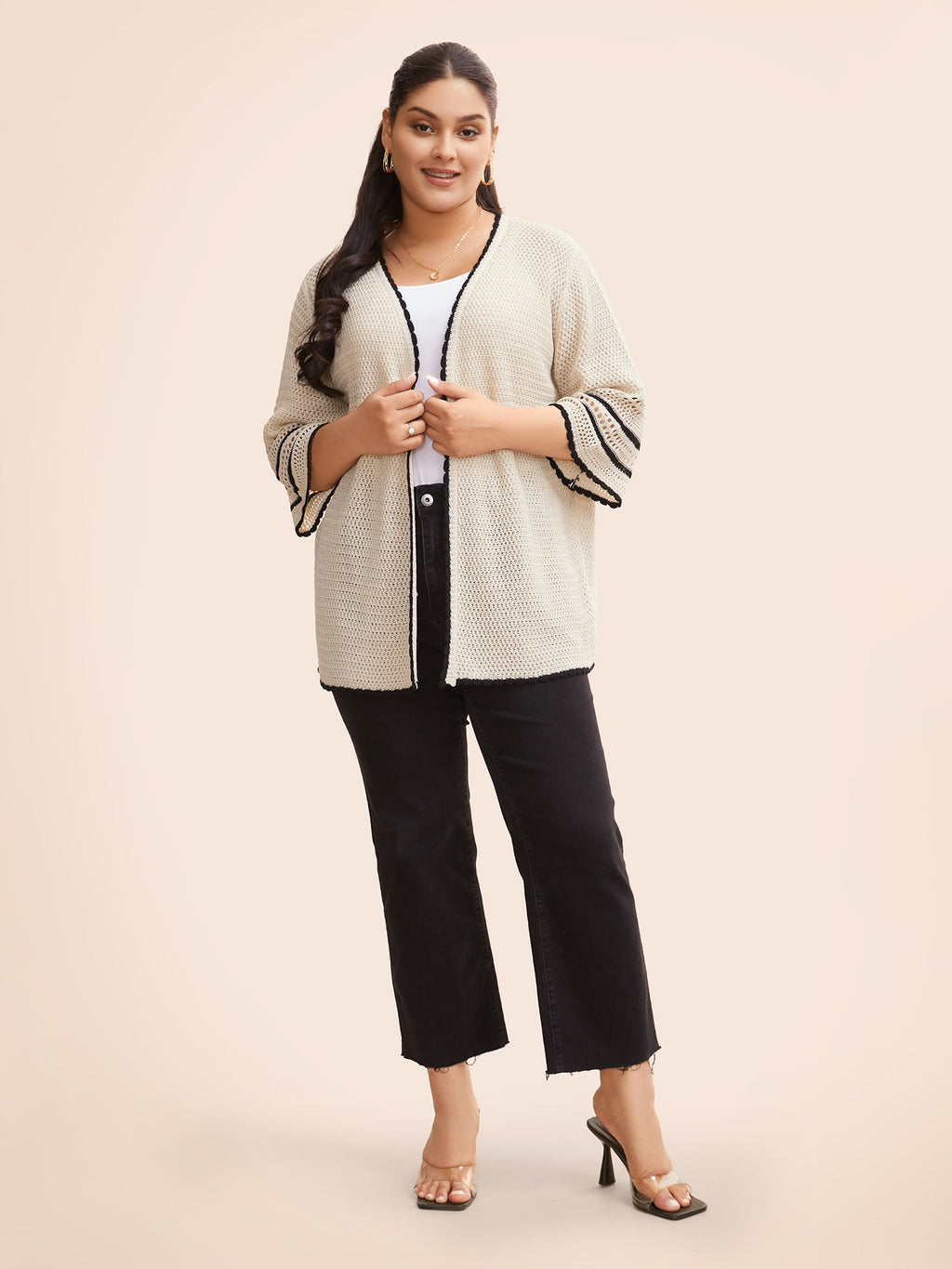 Solid Contrast Trim Bell Sleeve Cardigan