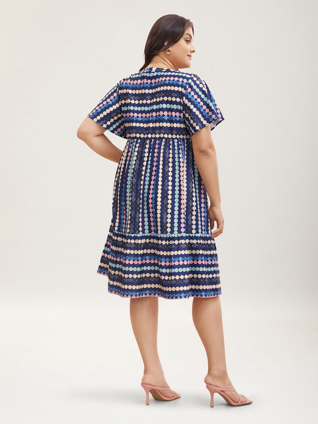Dot Print Elastic Waist Split Neck Midi Dress