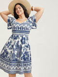 Boho Print Fit Flare Pockets Midi Dress