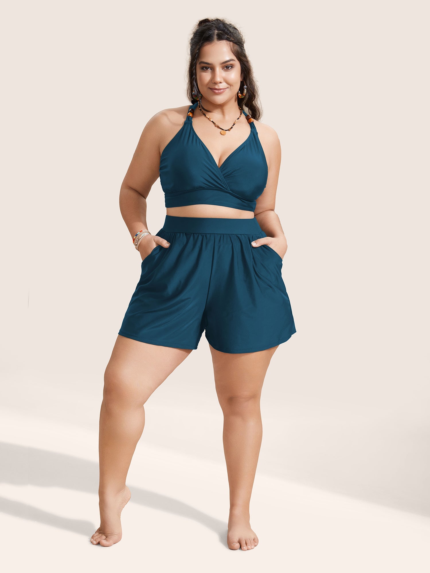 High Waisted Pockets Solid Pleated Swim Bottom