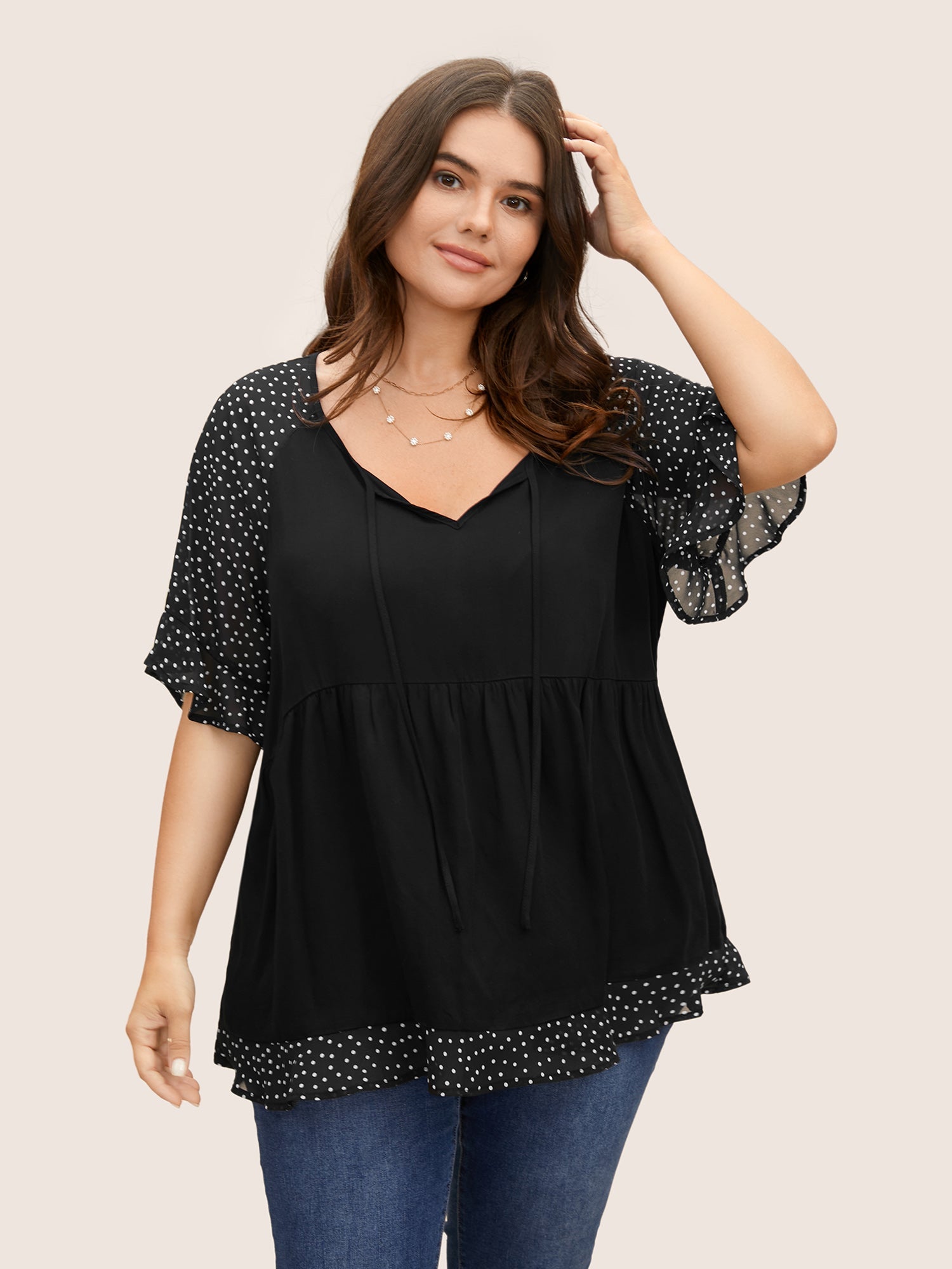 Ditsy Floral Patchwork Ties Flutter Sleeve Blouse
