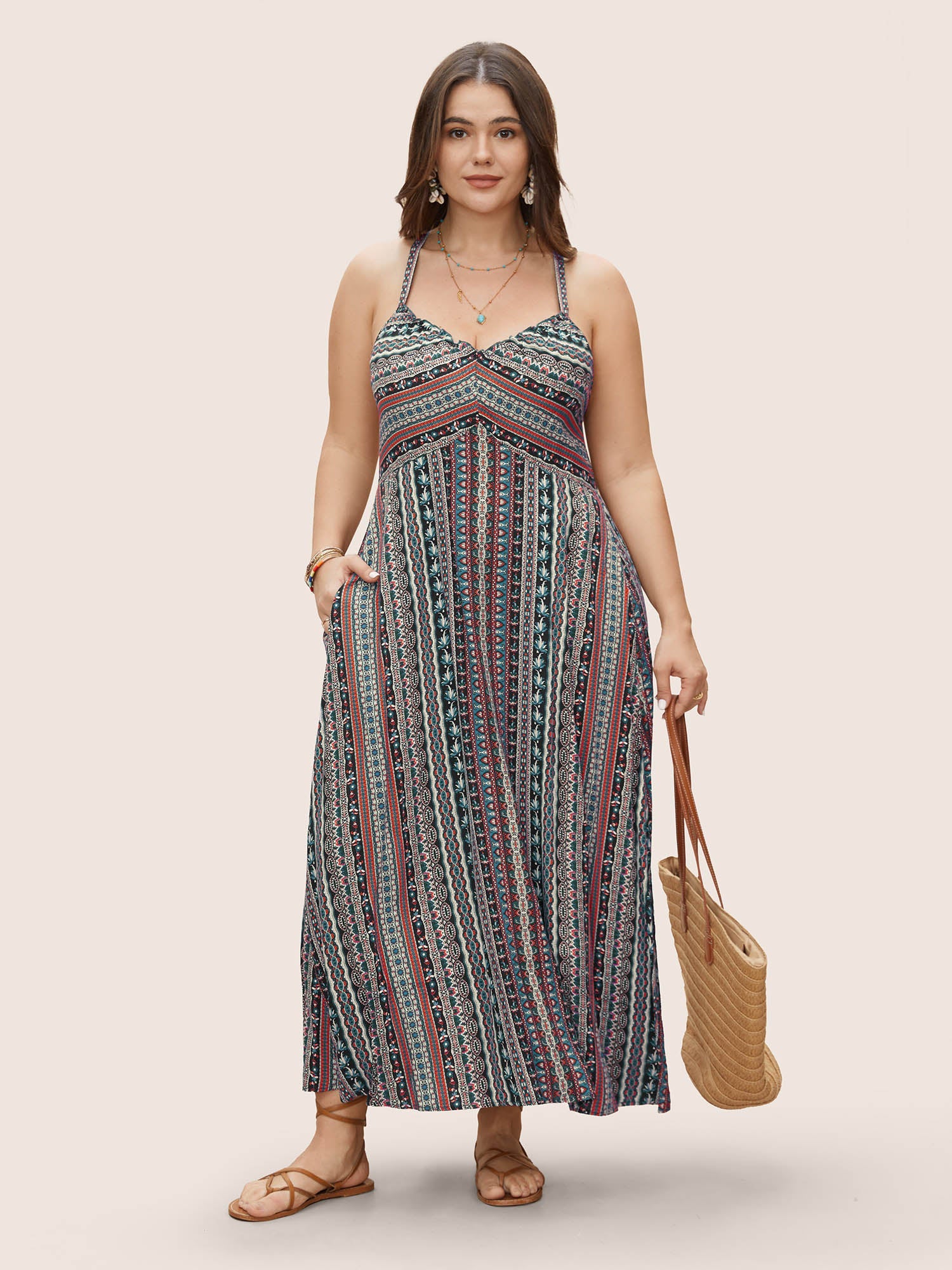 Boho Print Elastic Waist Split Hem Cami Dress