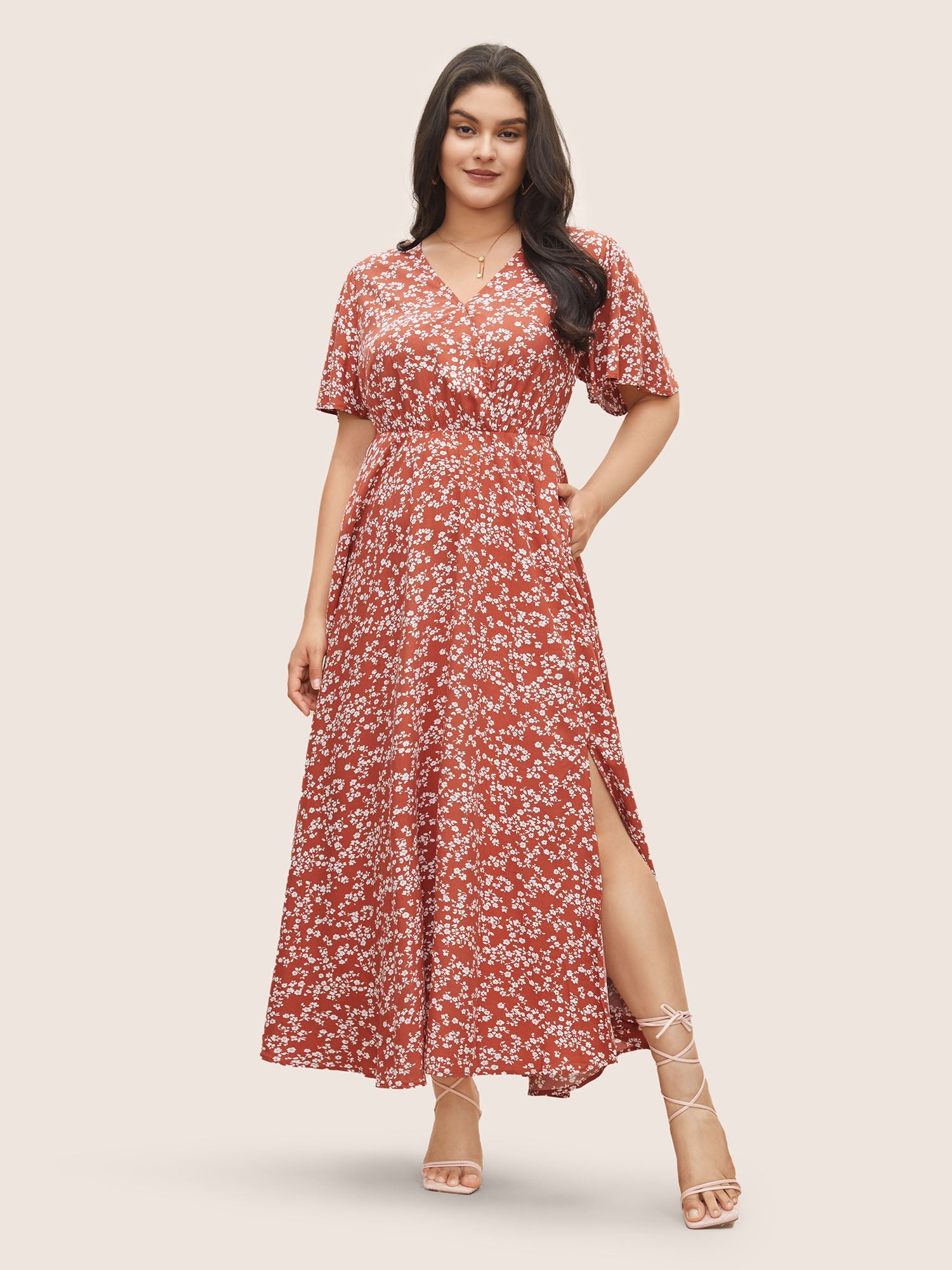 Bloom Dress - Flutter Sleeve Ditsy Floral Pocket Split Maxi Dress