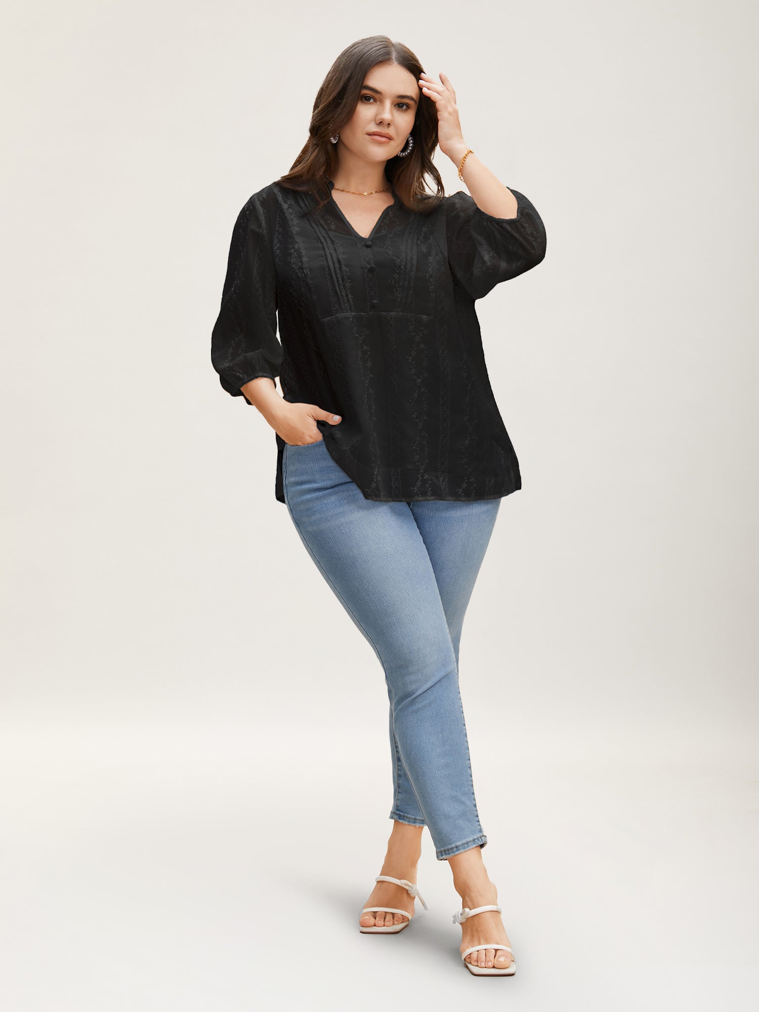 Texture Mesh Button Detail Tucked Seam Blouse