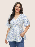 Floral Pleated Elastic Waist Ruffle Sleeve Blouse