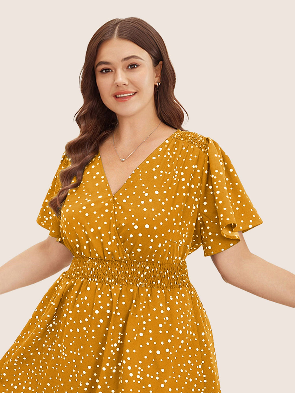 Polka Dot Wrap Pocket Shirred Ruffle Sleeve Dress