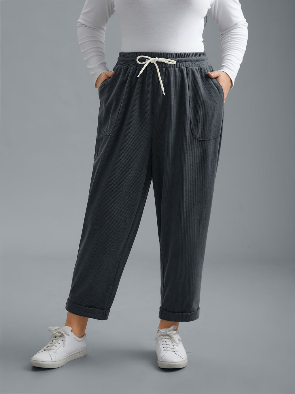 Plain Drawstring Slant Pocket Roll Hem Pants