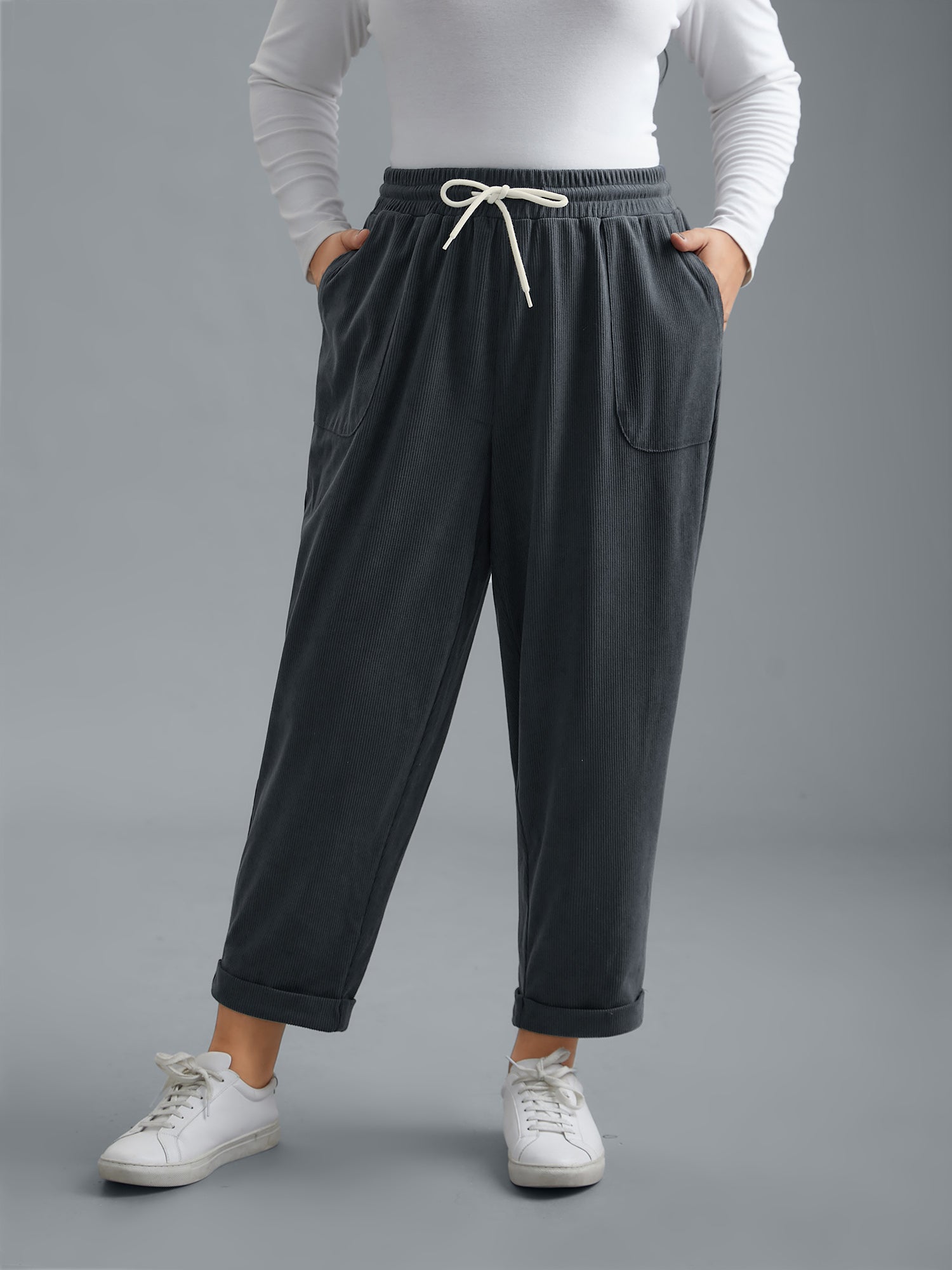Plain Drawstring Slant Pocket Roll Hem Pants