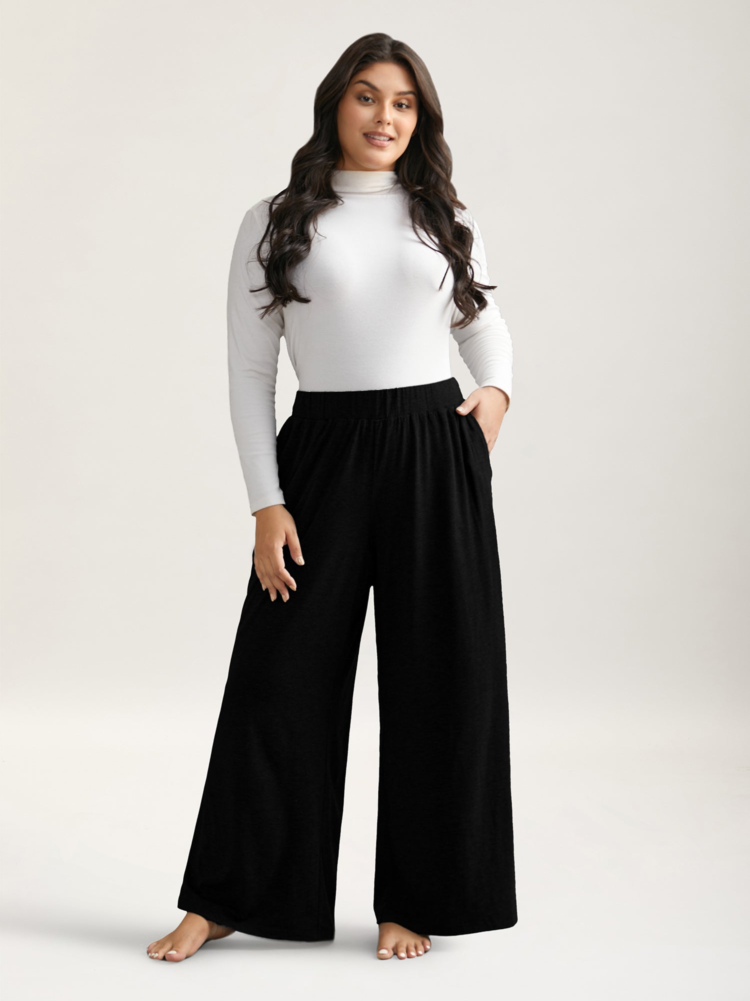 Solid Elastic Waist Wide Leg Lounge Bottoms