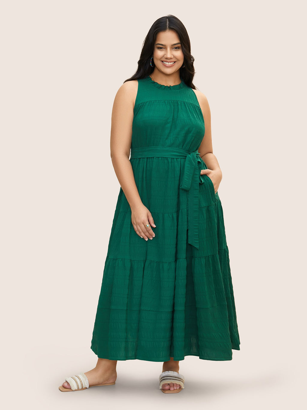 Plain Textured A-line Frill Trim Dress