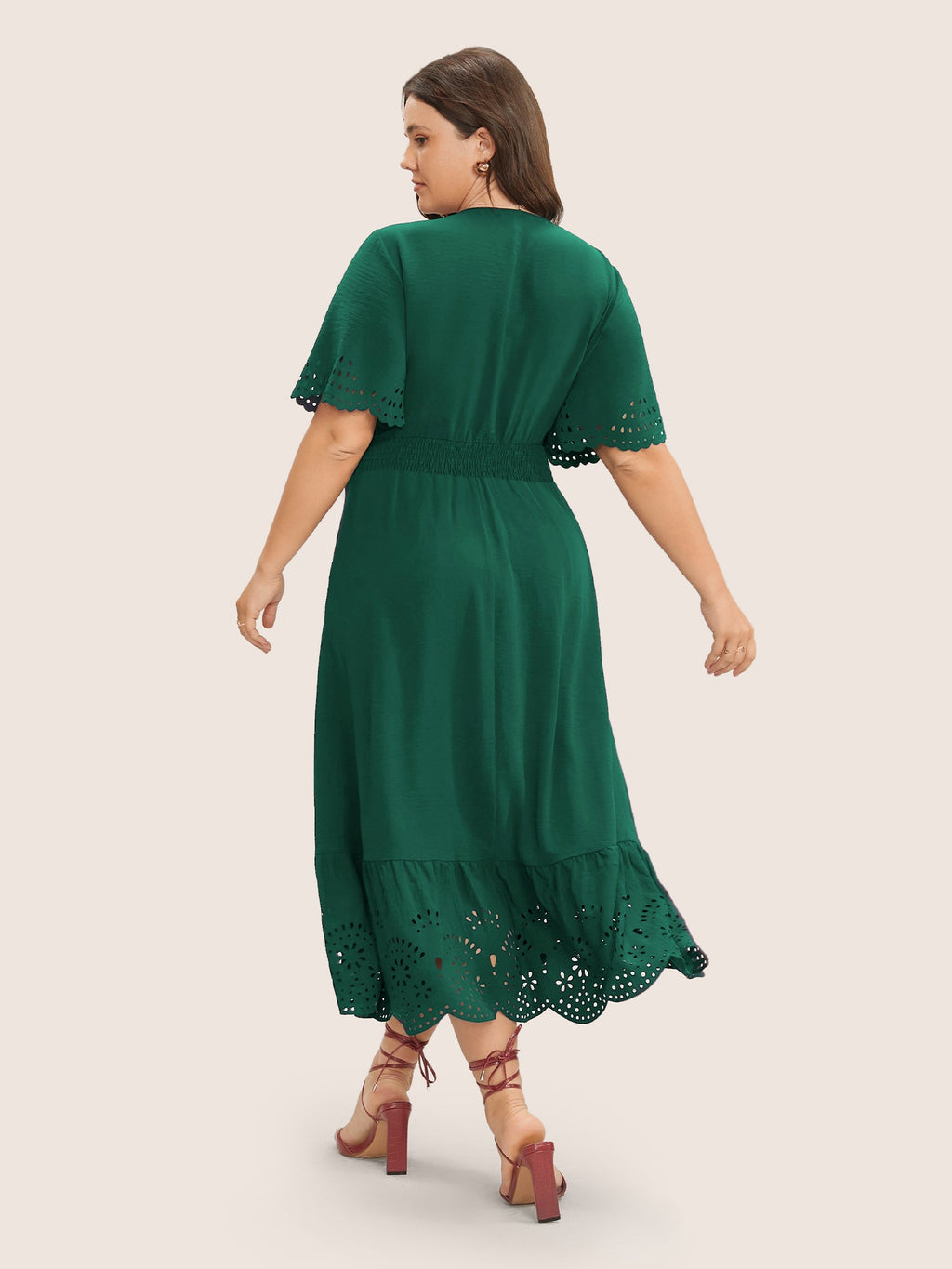 Solid Laser Cut Shirred Pocket Wrap Scalloped Trim Flutter Dress