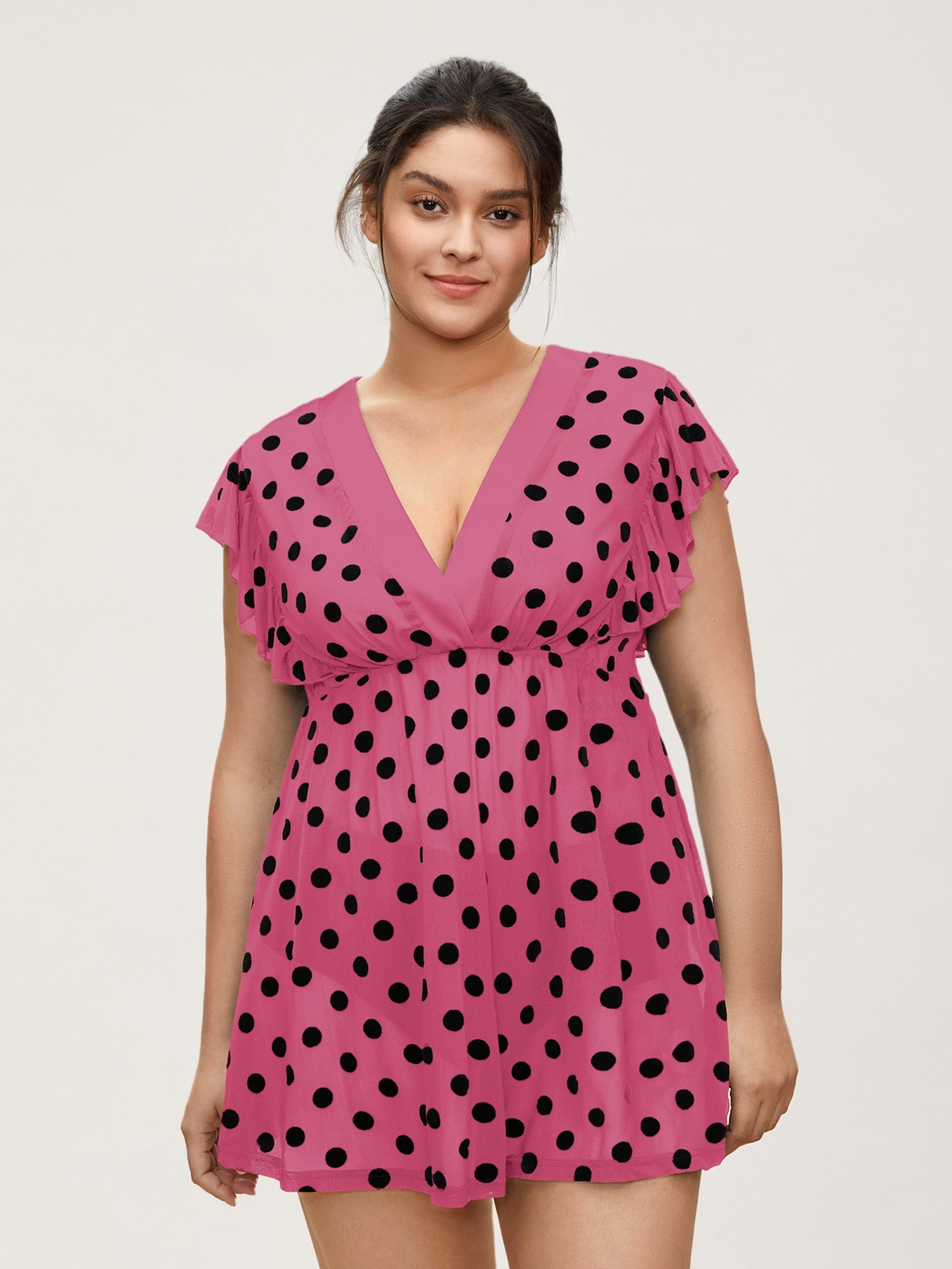 Polka Dot Mesh Ruffle Cap Sleeve Sleep Dress