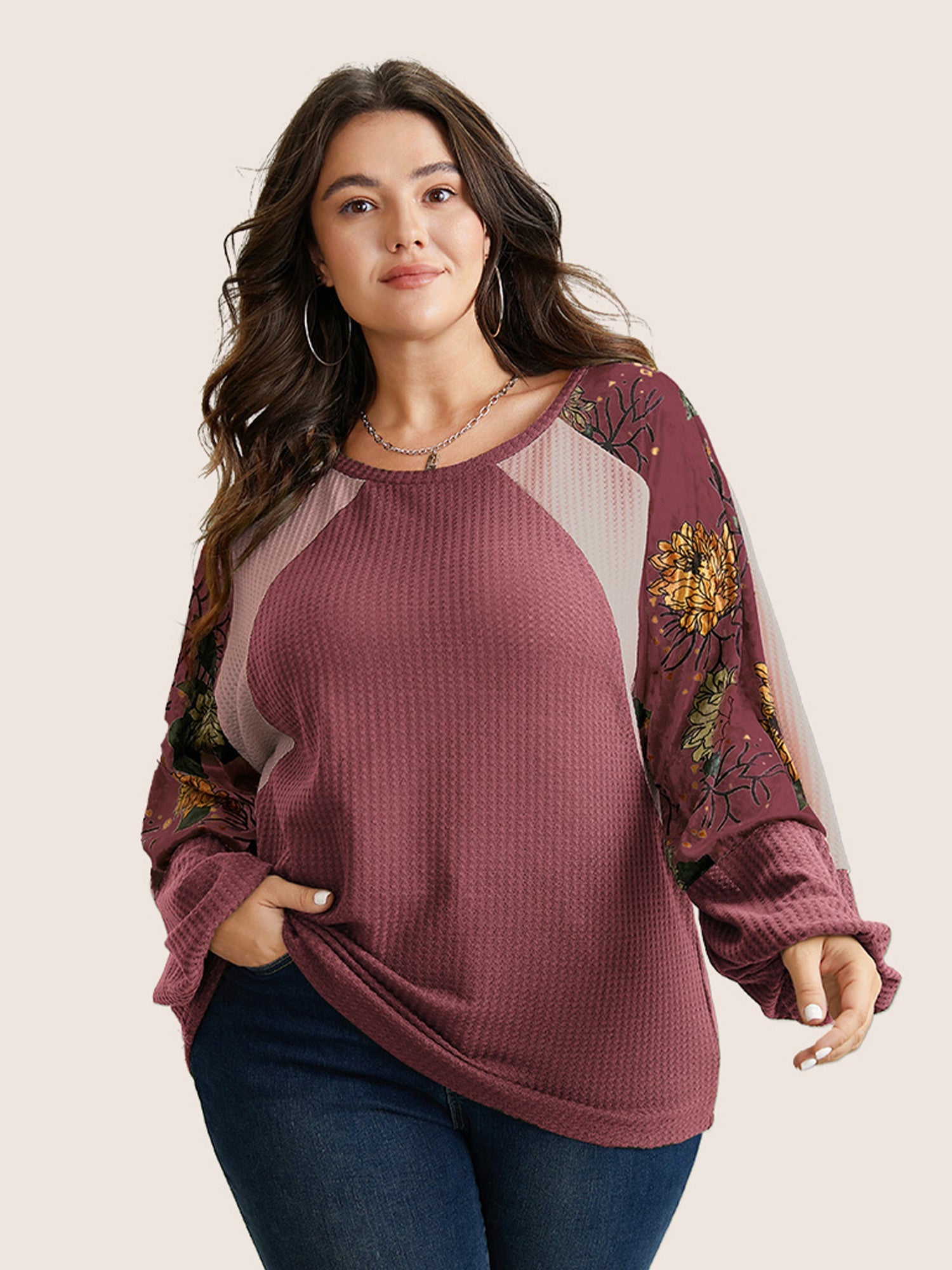 Waffle Knit Patchwork Floral Print T-shirt