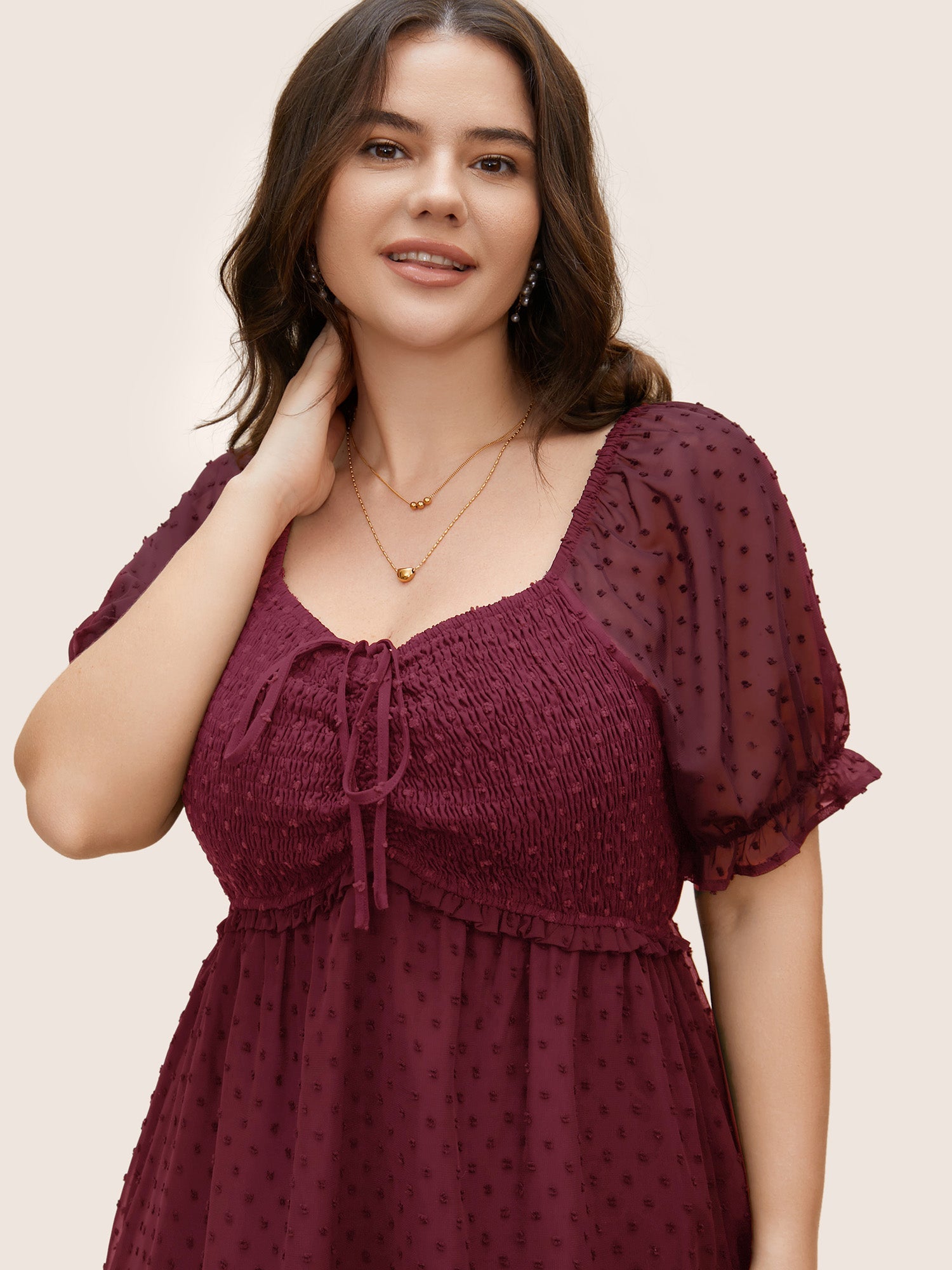 Polka Dot Textured Mesh Shirred Drawstring Dress