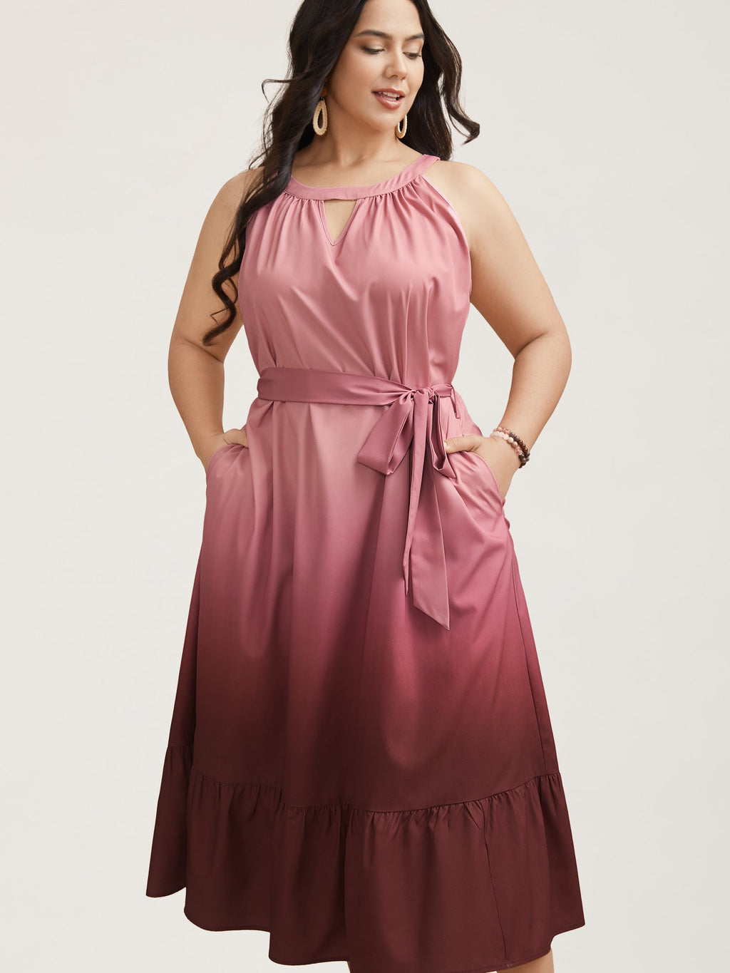 Ombre Gradient Waist-Tie Pockets Midi Dress