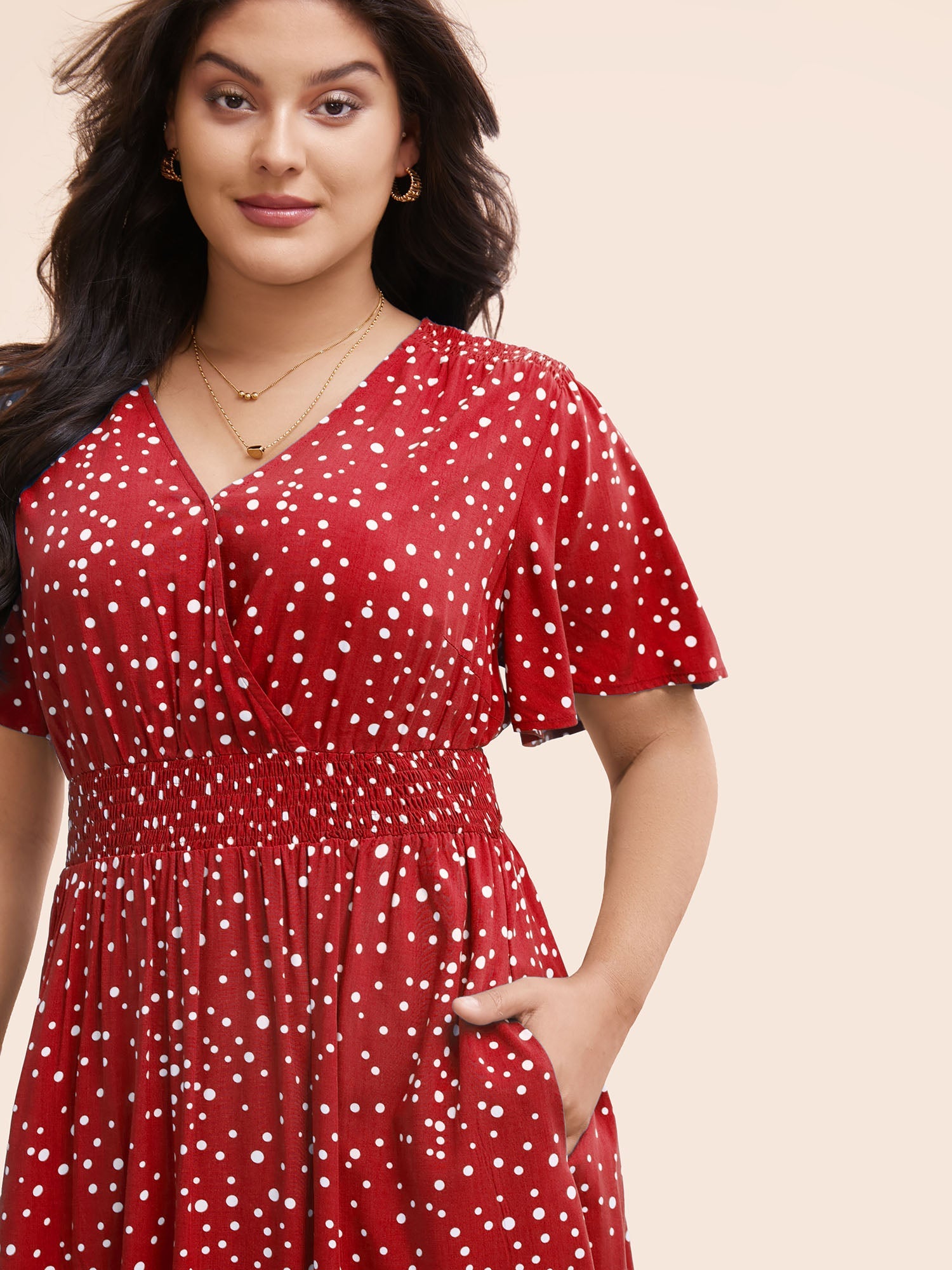 Polka Dot Wrap Pocket Shirred Ruffle Sleeve Dress