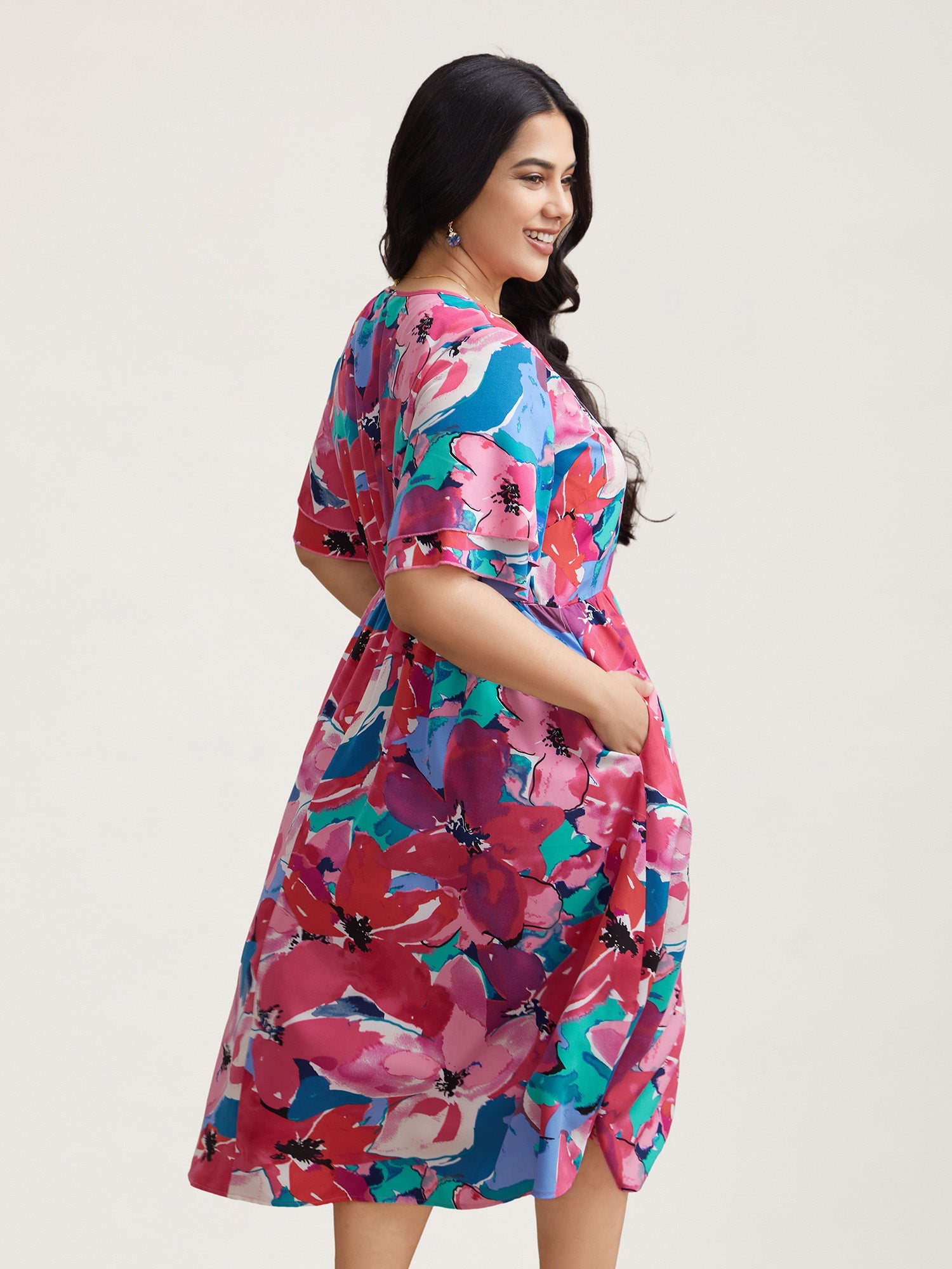 Multi-Color Floral V-Neck Pockets Midi Dress