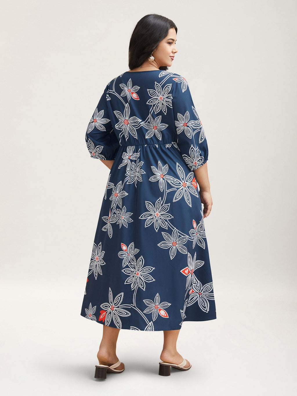 Boho Floral Arc Neck Waist-Cinched Dress