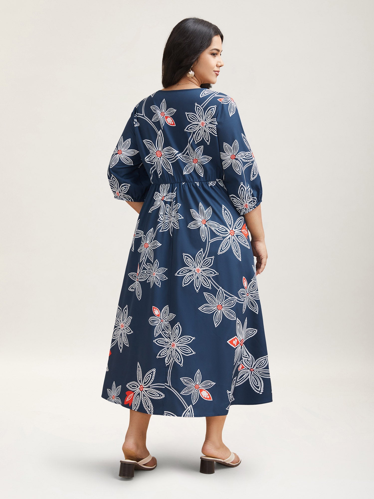 Boho Floral Arc Neck Waist-Cinched Dress