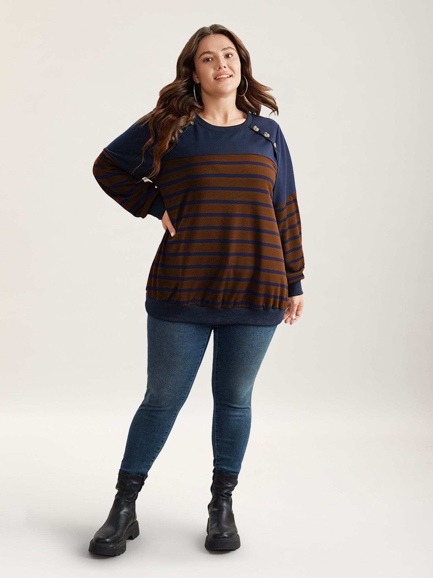 Striped Patchwork Button Detail Sweatshirt