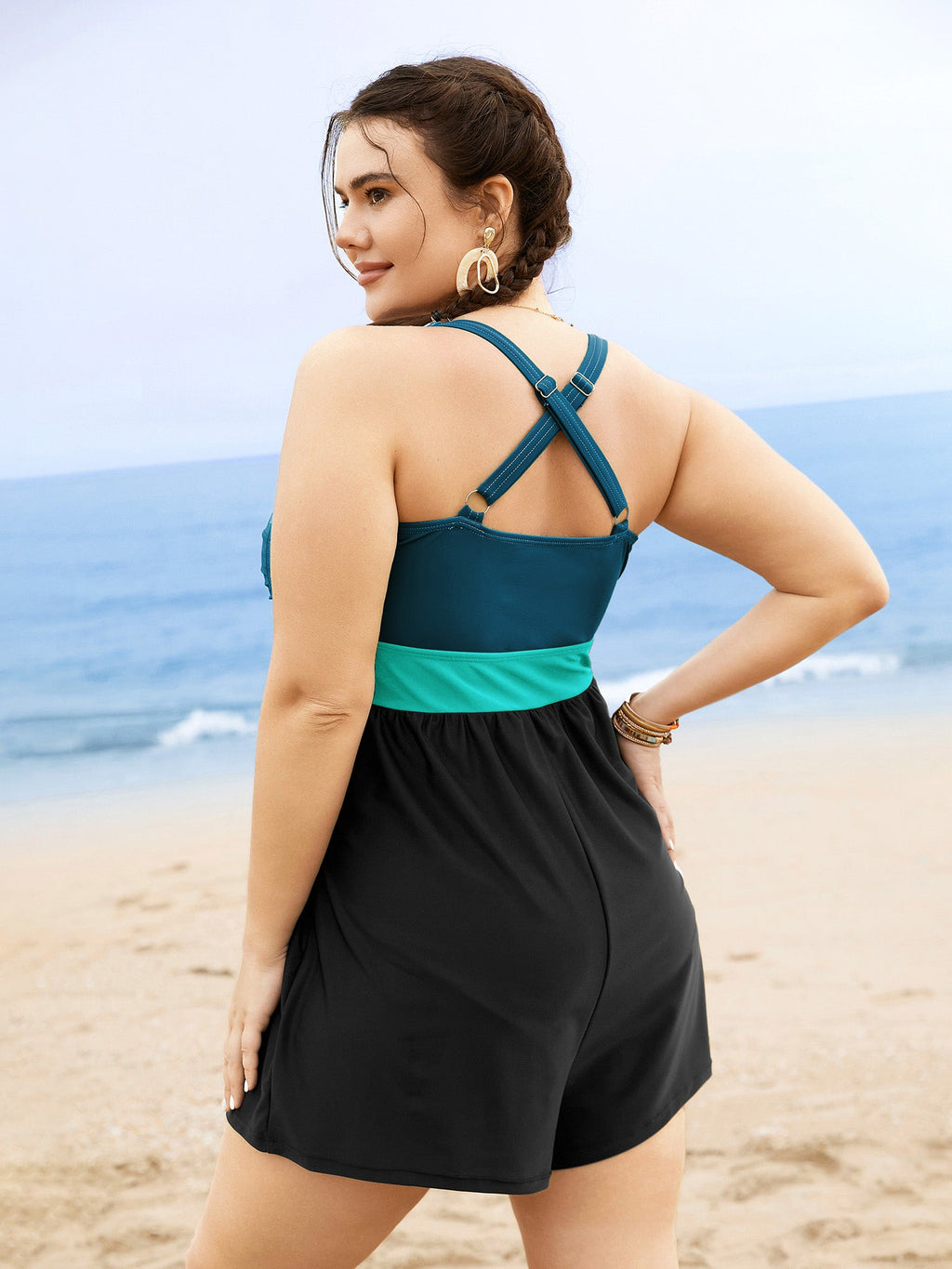 Patchwork Contrast Crossover One Piece Swimsuit
