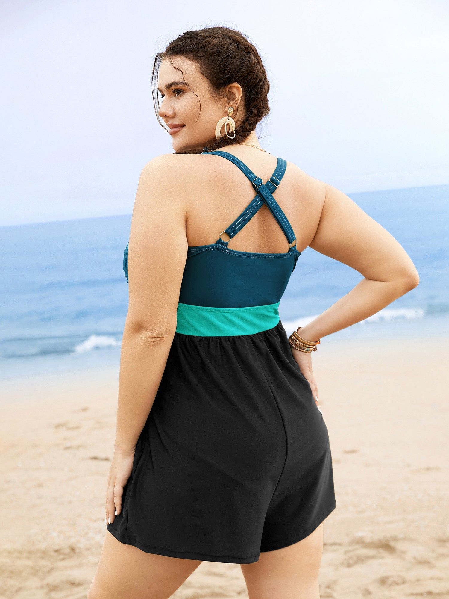 Patchwork Contrast Crossover One Piece Swimsuit