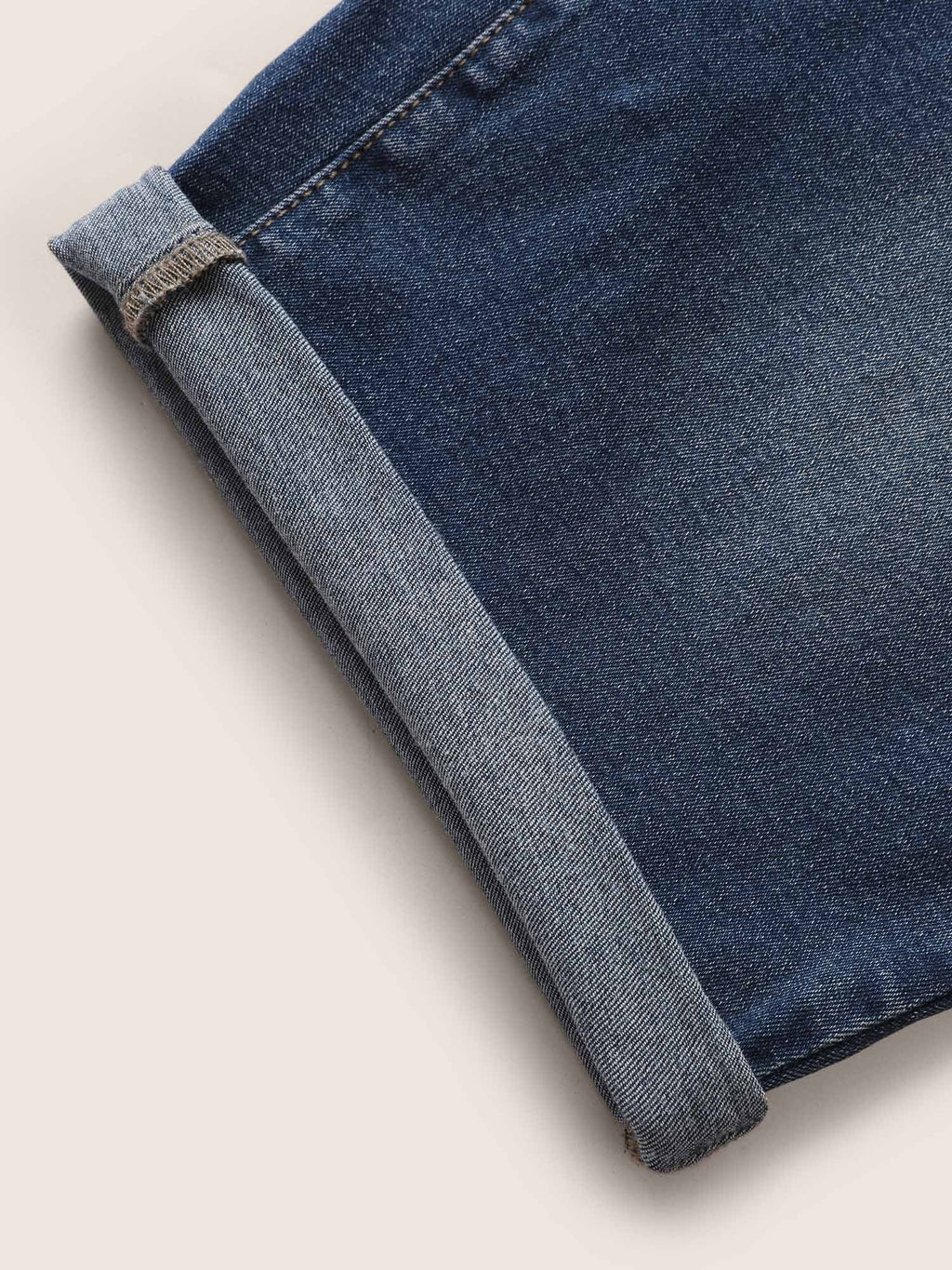 Roll Hem Elastic Waist Dark Wash Denim Shorts