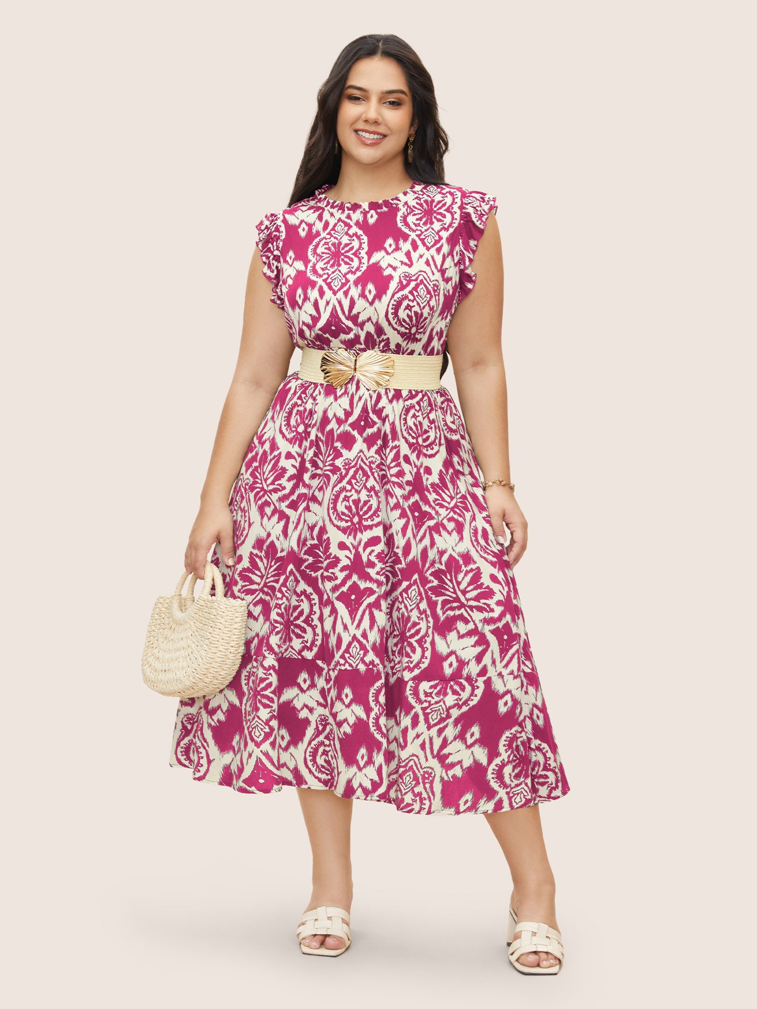 Boho Print Mock Neck Shirred Ruffle Cap Sleeve Dress
