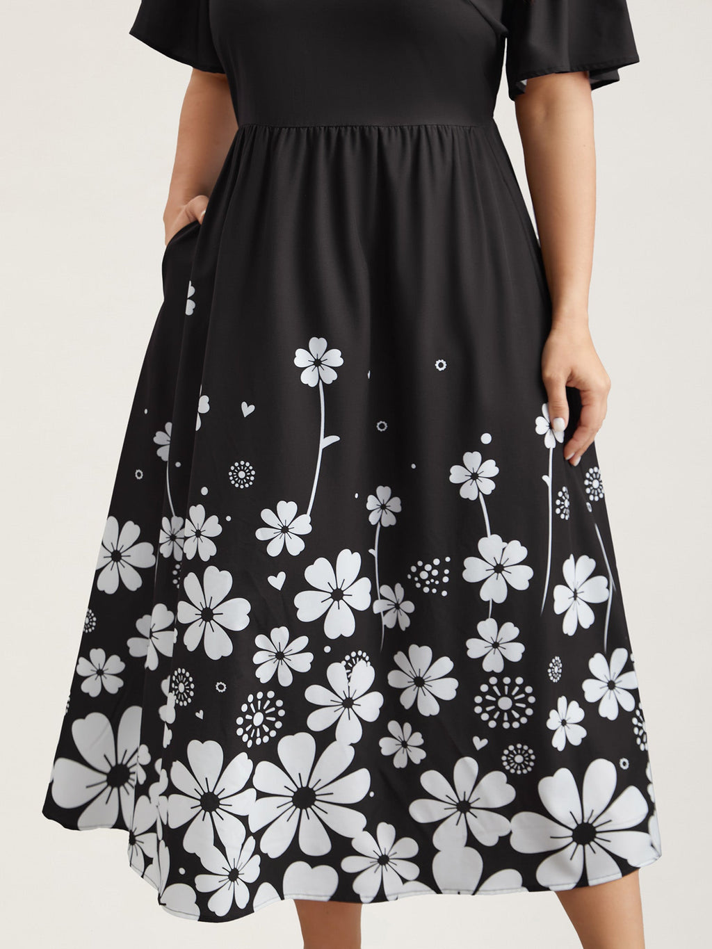 V-Neck Floral Print Flared Sleeve Dress